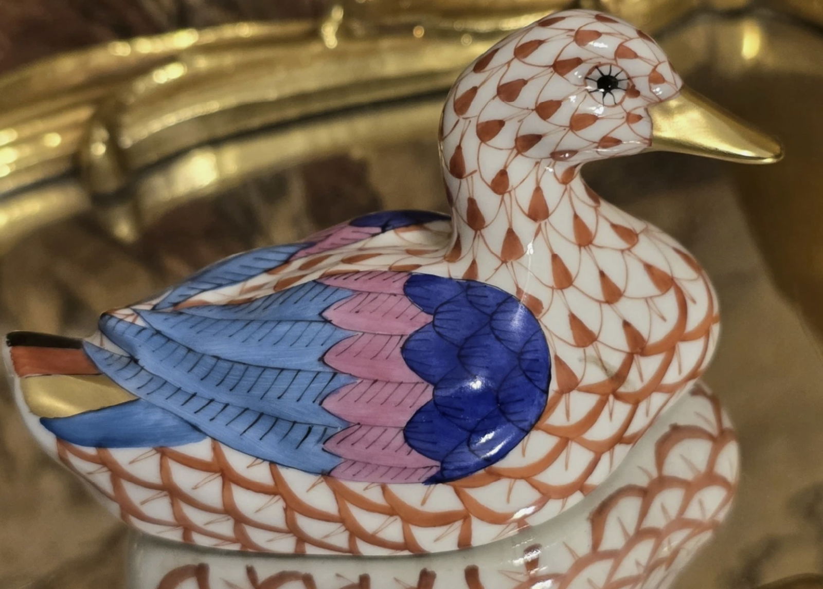 Herend Signed porcelain Rust Fishnet Duck Figurine Statuette With 24K gold accents Made in Hungary (1 of 4)