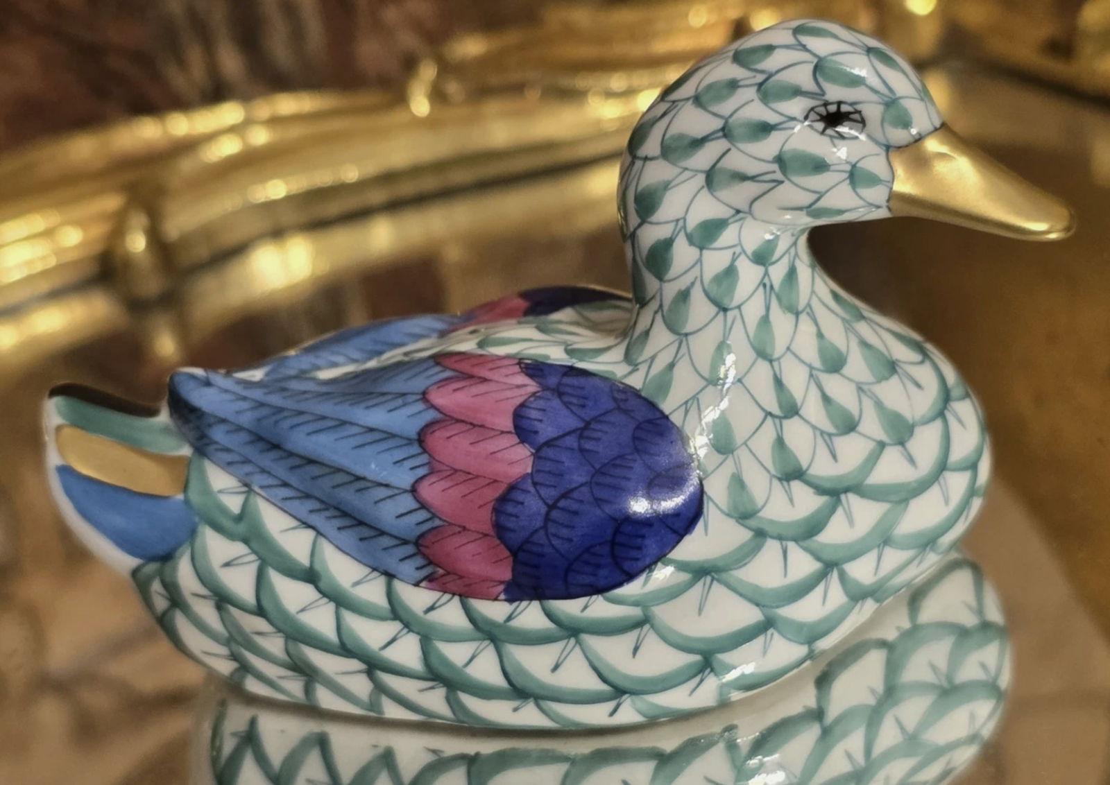 Herend Signed porcelain Green Fishnet Duck Figurine Statuette With 24K gold accents Made in (1 of 4)