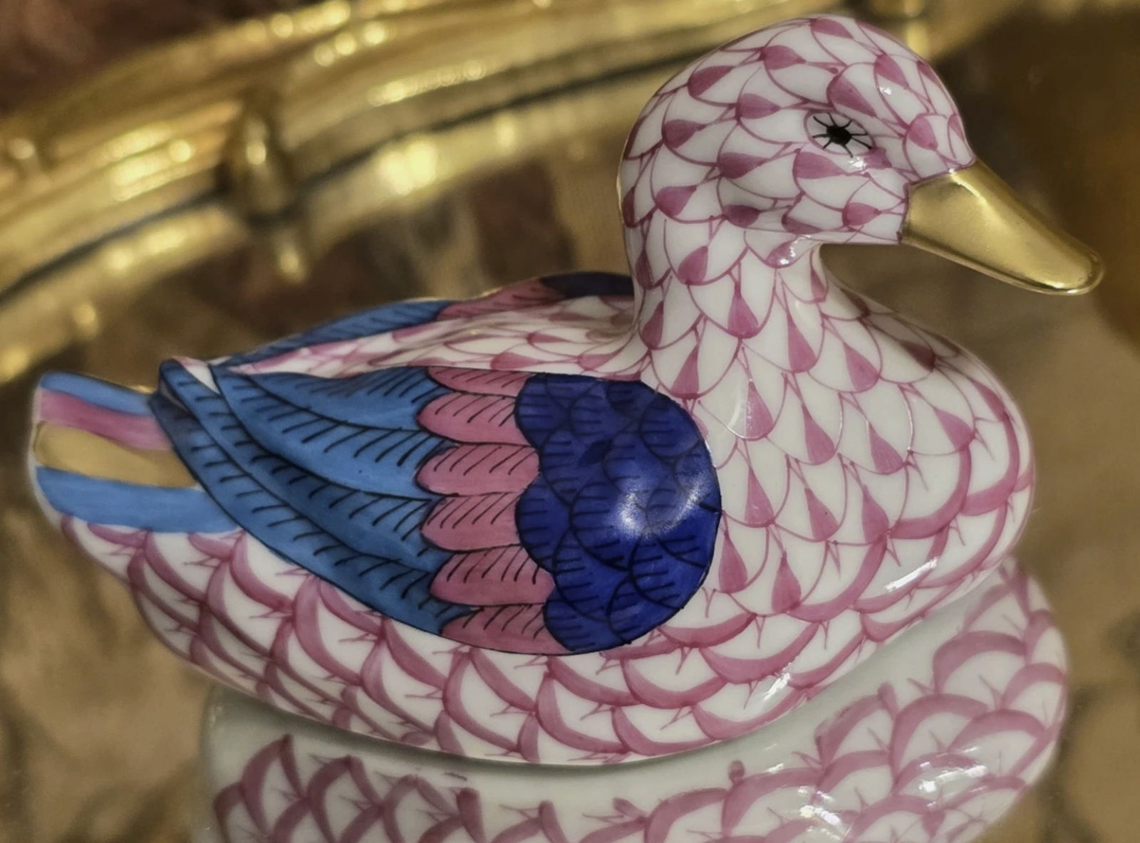 Herend Signed porcelain Pink Fishnet Duck Figurine Statuette With 24K gold accents Made in Hungary (1 of 3)