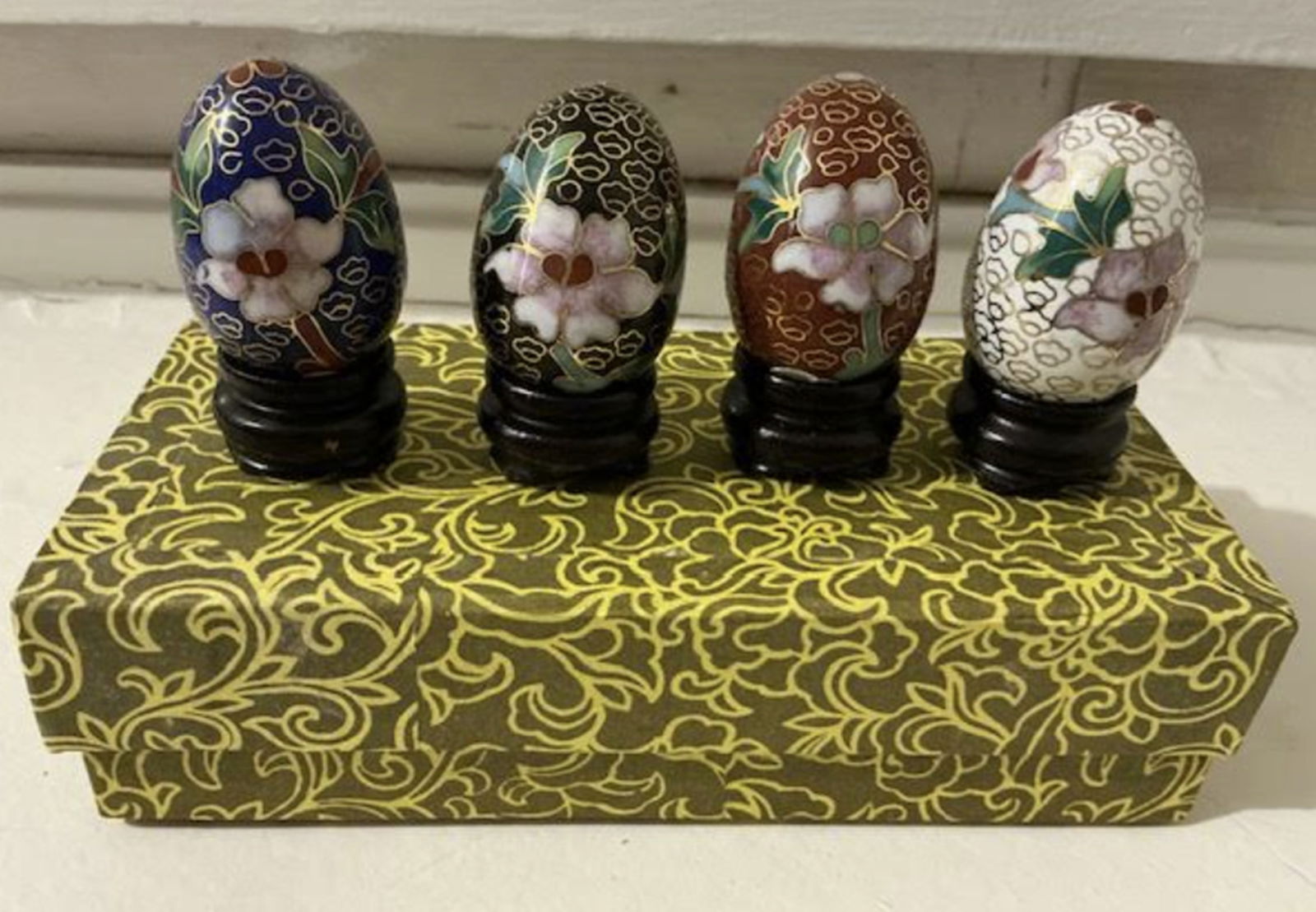 Chinese Cloisonne Eggs with Wooden Stands in Original Box (1 of 6)