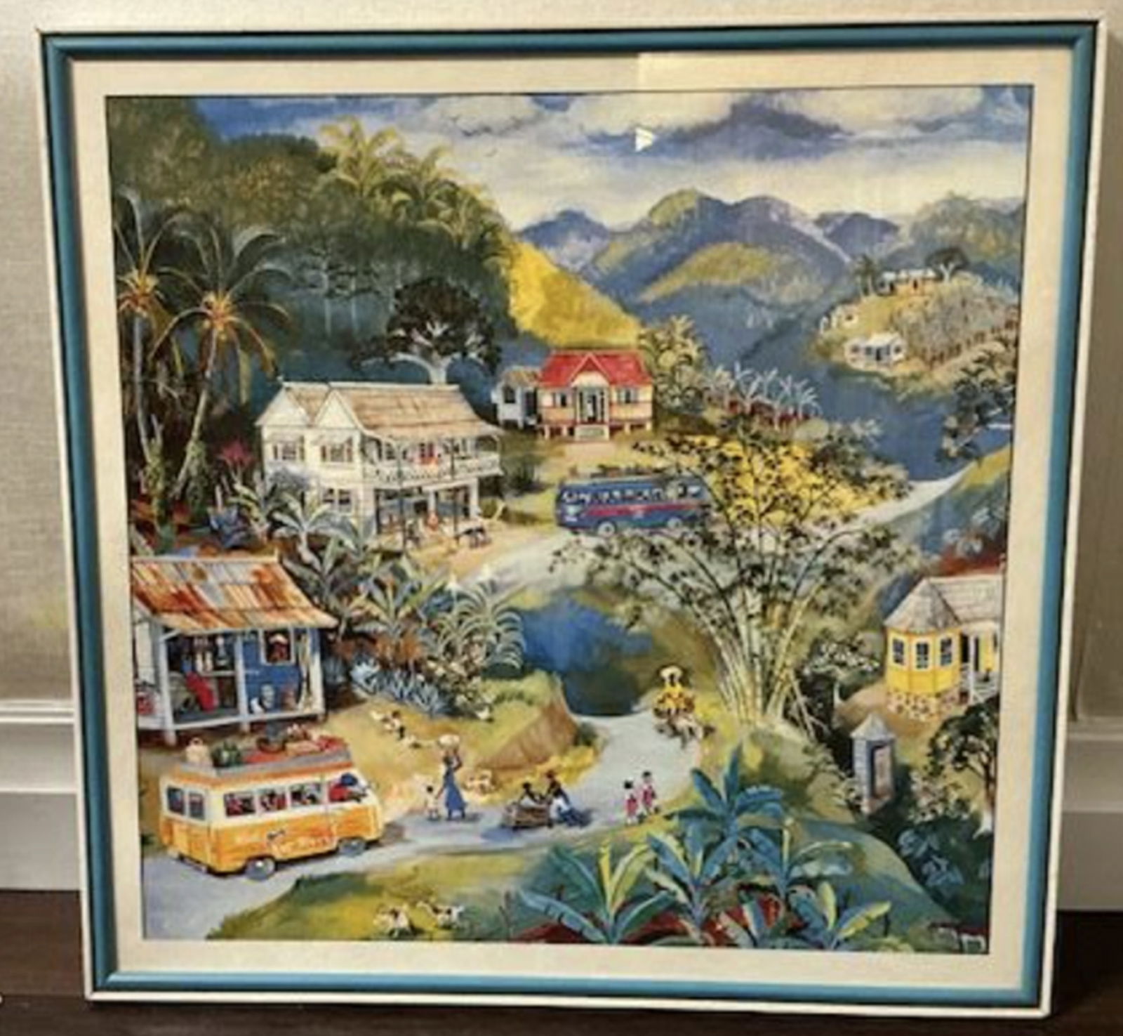 Jamaican village scene by artist Eve Foster. Painting in Frame: Jamaican Village Scene by Artist Eve Foster. Painting in Frame. Measures approx Frame 26.5 inches