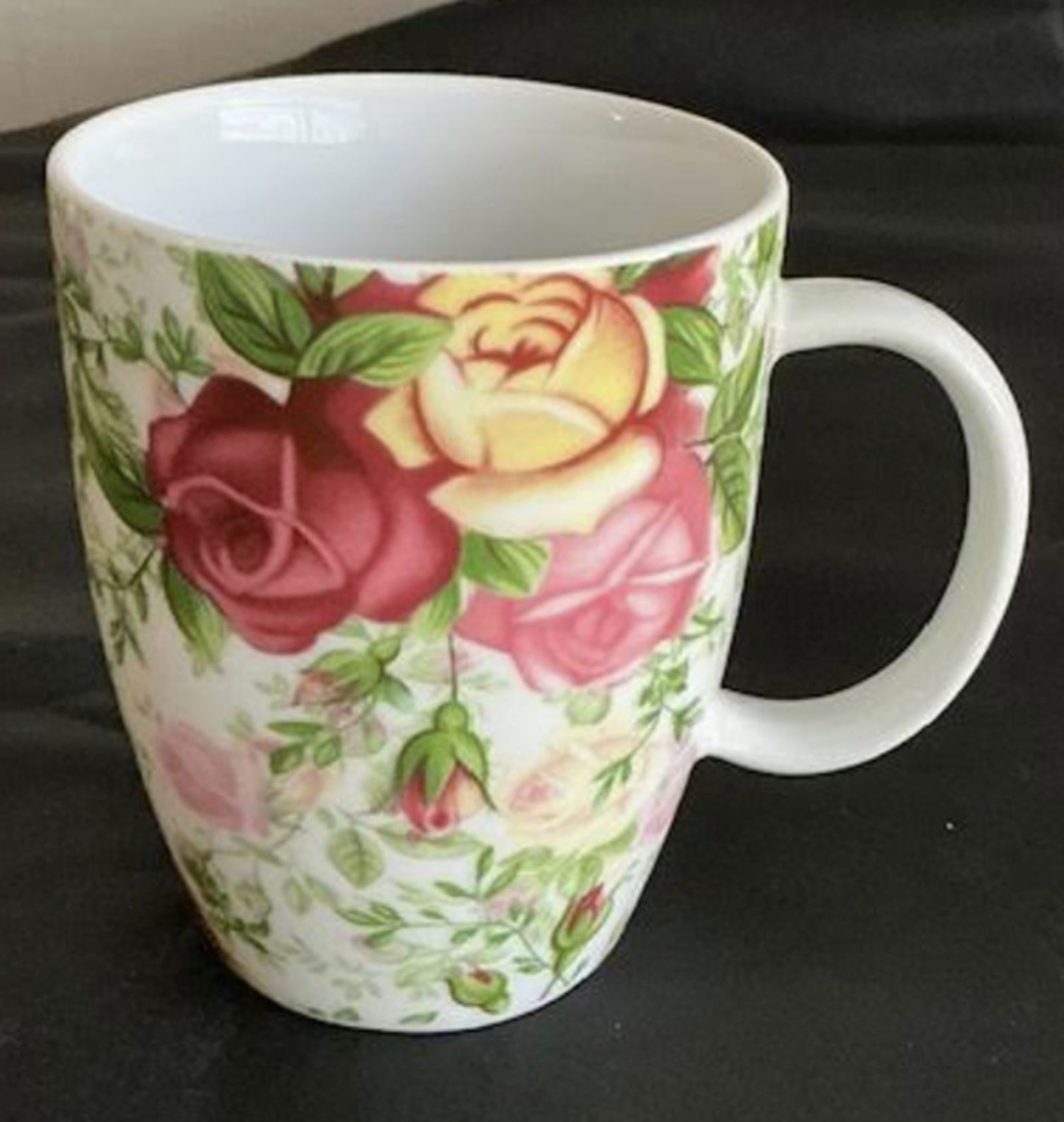 Royal Albert Porcelain With Gold Trim Set of 6 large Tall Mugs: Royal Albert Porcelain Large Floral Mug Measures approx 4.25 inches tall and 3.5 inches opening width