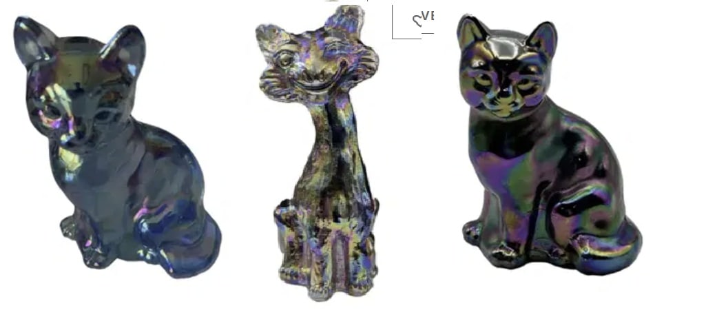 Fenton Carnival Collection of Cats: Fenton Carnival Collection of Cats.Fenton Carnival Irredescnet Large Alley Cat Figurine with a Fenton kitten alley cat measures approx 11 inches and the kittena measure approx 3.5” by 3”