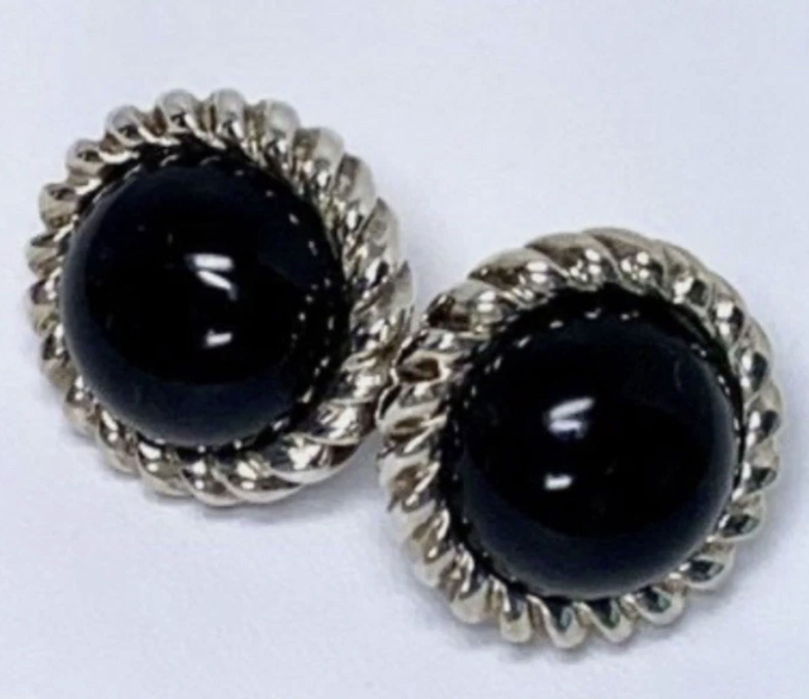 Tiffany & Co Sterling Silver and Black Onyx Earrings: Tiffany & Co Sterling Silver and Black Onyx Cabochon Twisted Rope Button Earrings 20mm