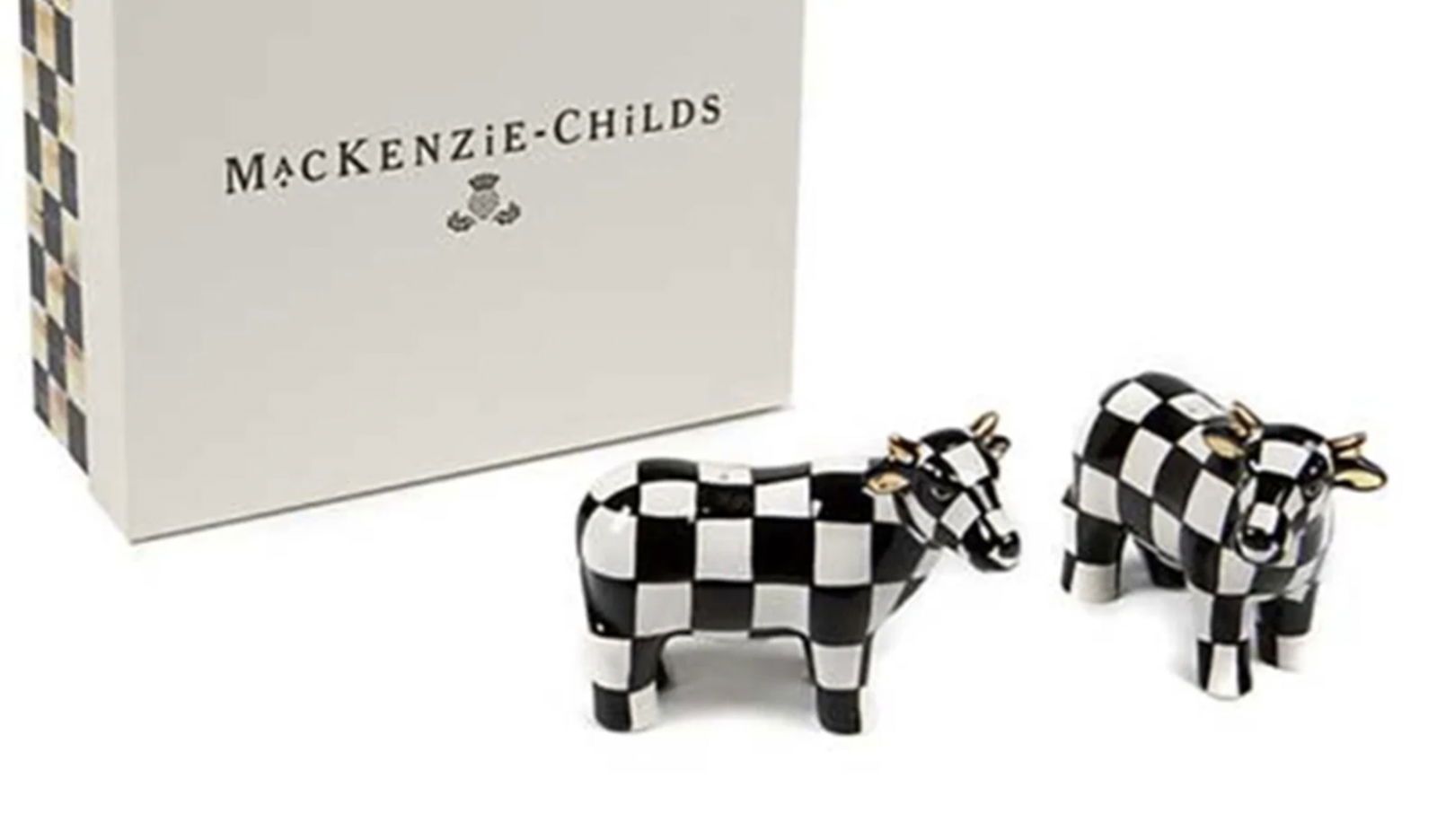 Mackenzie Childs Courtly Cow Salt And Pepper Shakers With Original Box: Mackenzie Childs Courtly Cow Salt And Pepper Shakers With Original Box. The shakers are brand new, never used, in excellent condition and come with gift box. Ceramic. Approximately 3" tall x 2.5" wide