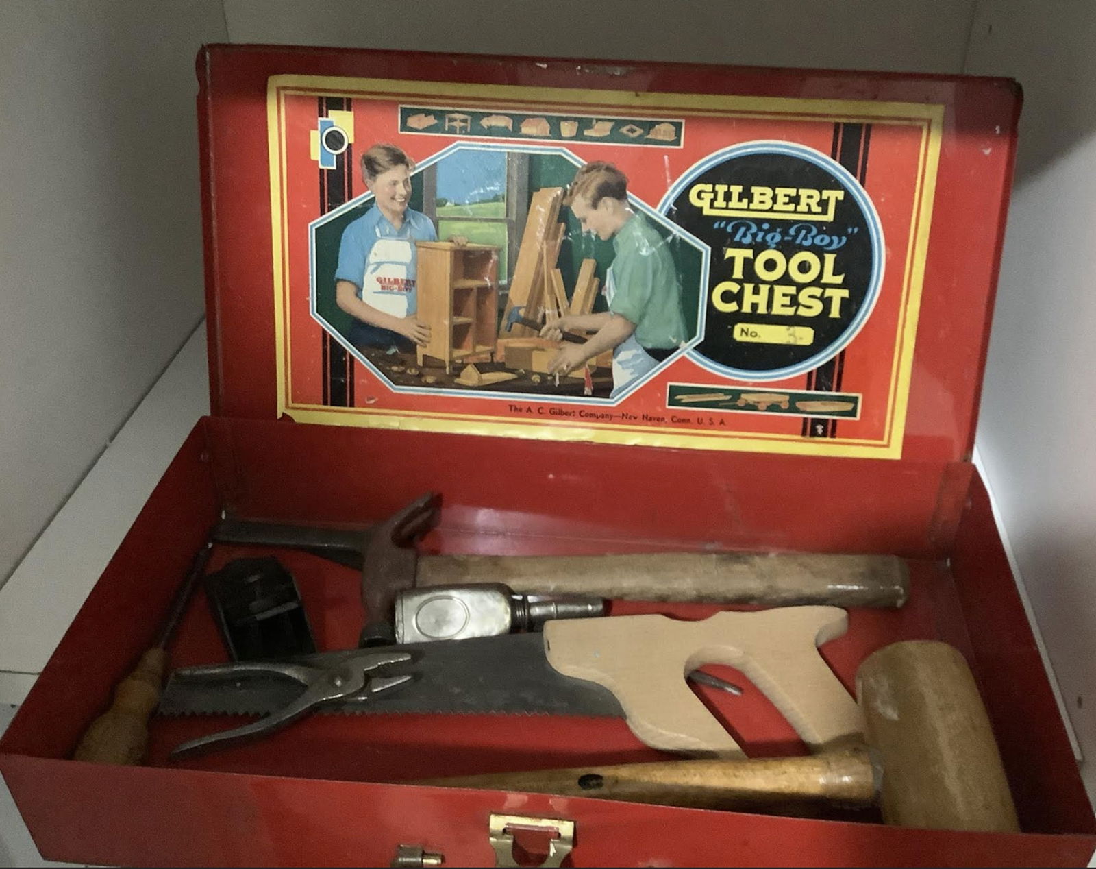 Gilbert Steel Toolbox with Tools: Gilbert Steel Toolbox with Tools approx 13 inches long