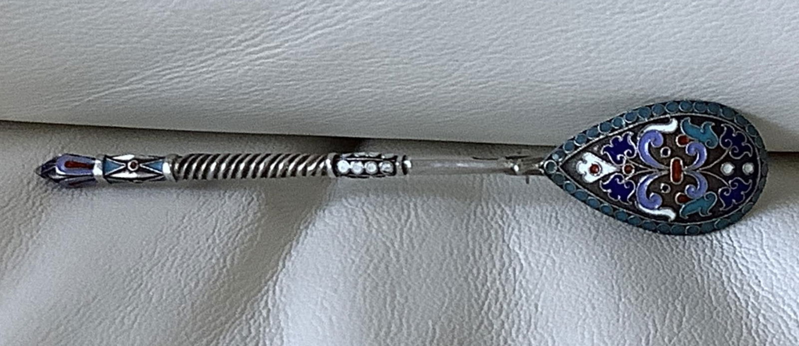 RUSSIAN IMPERIAL SILVER 84 ENAMEL BROOCH SPOON 1850-1899: RUSSIAN IMPERIAL SILVER 84 ENAMEL BROOCH SPOON 1850-1899 Measures approx 4 3/4 inches long