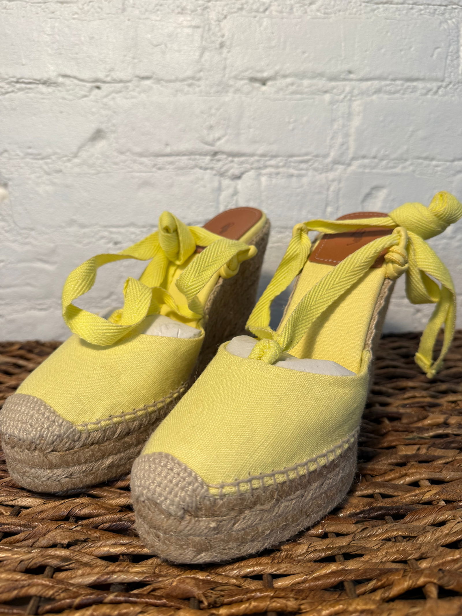 Polo Ralph Lauren Espadrille Wedges: Polo Ralph Lauren Espadrille Wedges Size 7 never worn Light Yellow canvas and tan heel