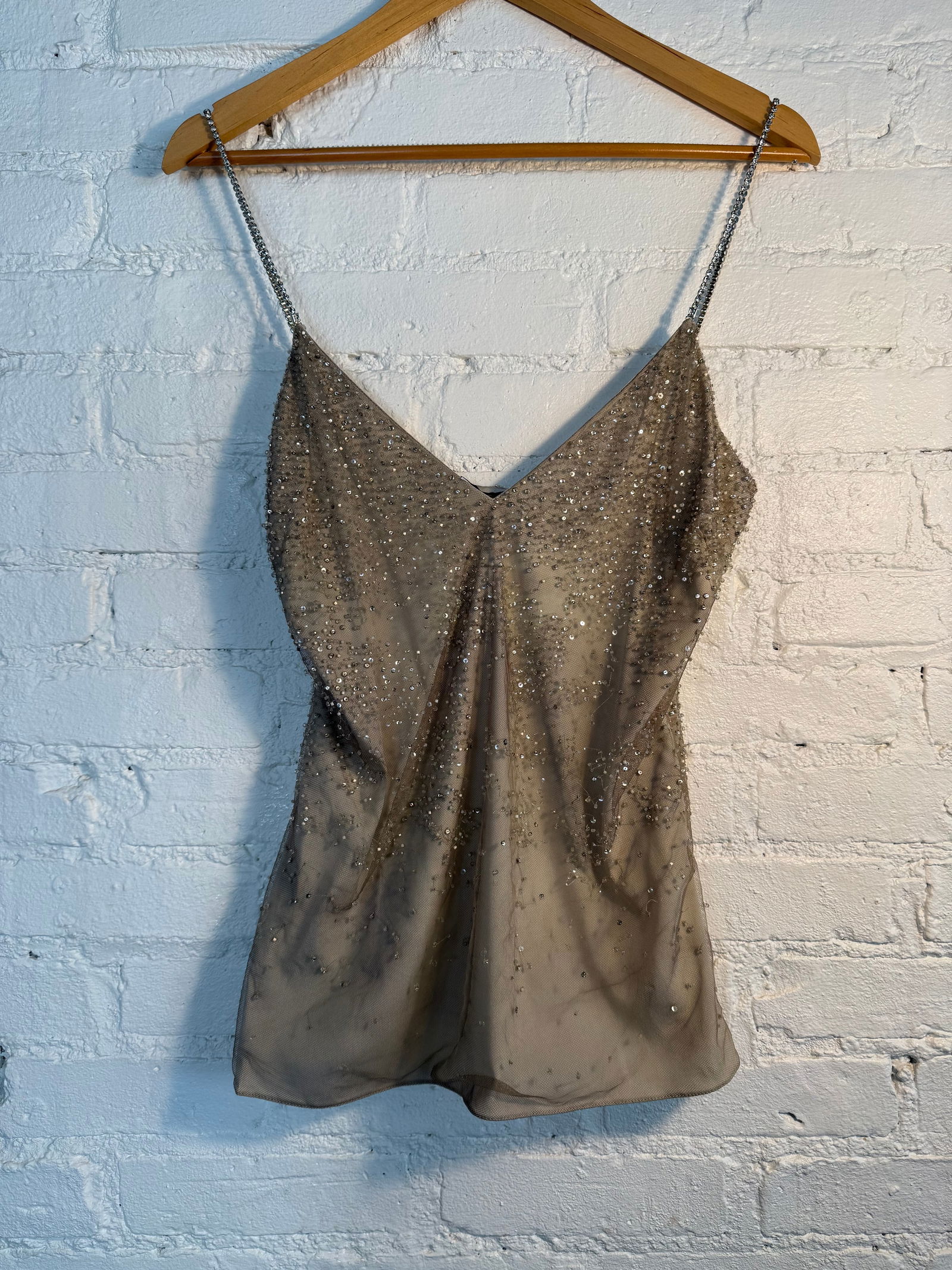 Collection Ralph Lauren Beaded Tank: Collection Ralph Lauren Beaded Tank Hand beaded lightweight camisole with adjustable cyrtsal straps. Lightly worn, great condition. Size 2 Taupe Measures approx center back 14 inches waist across 14