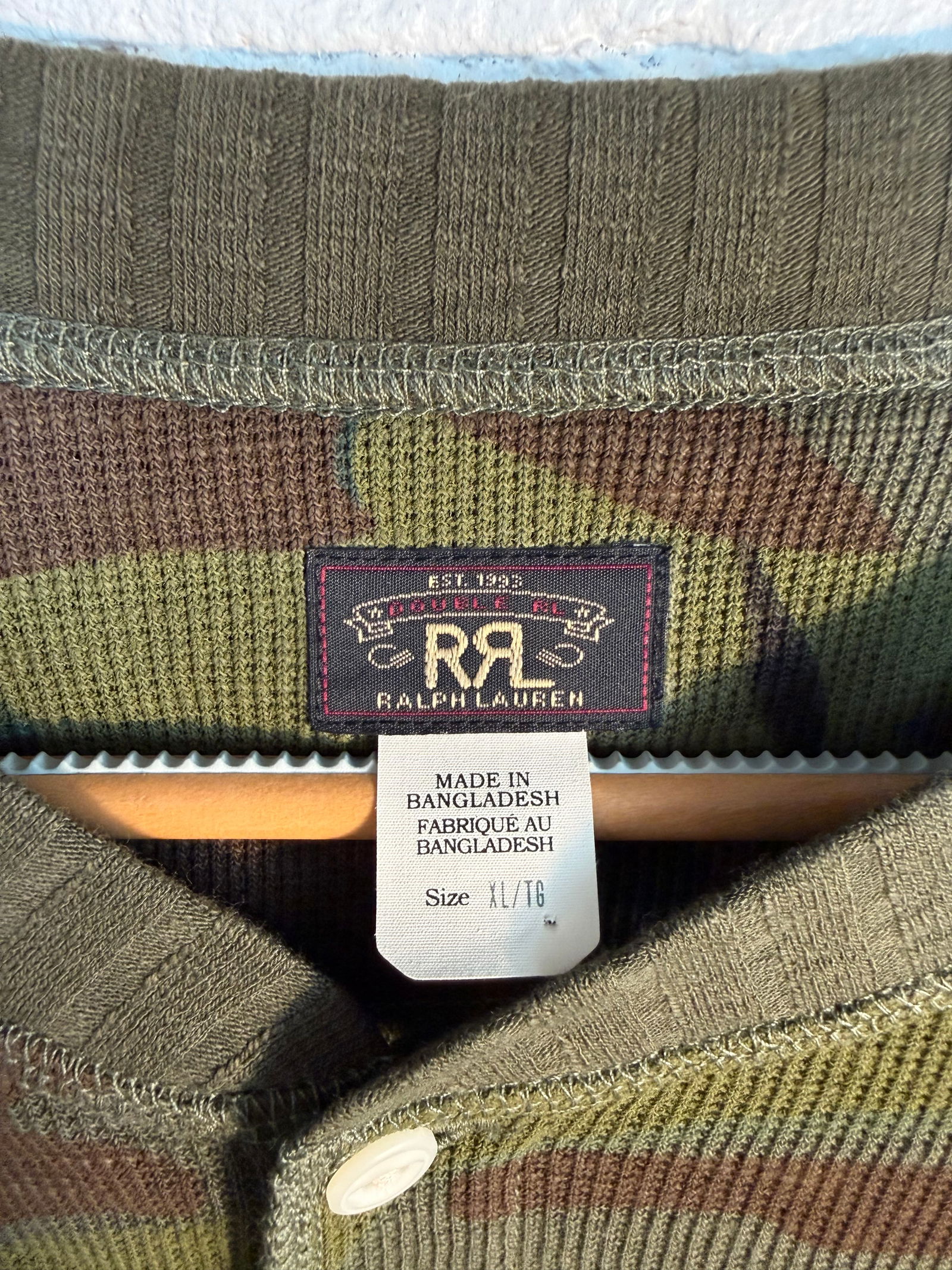 RRL Henley: RRL Henley Soft henley with army printing. Unworn in new condition. Large Army Green Measures approx extra large sleeve length 28 inches back length 29.5 inches. Across front armpit to armpit 23