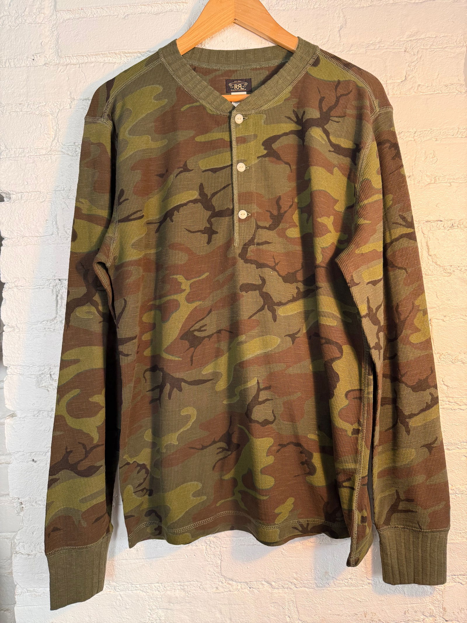 RRL Henley: RRL Henley Soft henley with army printing. Unworn in new condition. Large Army Green Measures approx center front to hem 24 inches Sleeve length 27.5 inches Armpit to armpit 21.5 inches