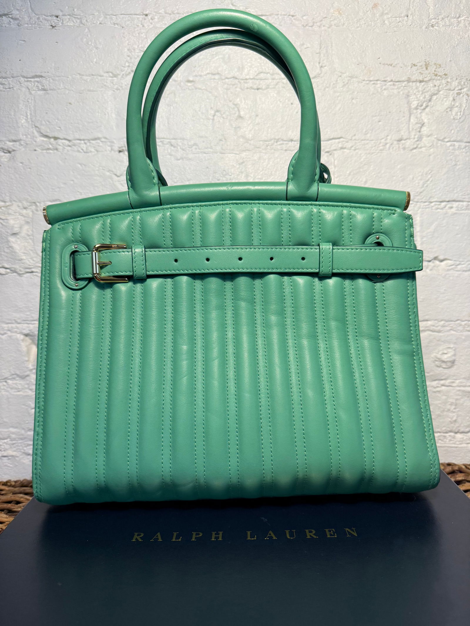 Ralph Lauren Collection RL 50 Medium Handbag: Ralph Lauren Collection RL 50 Medium Handbag Lightly used with slight discoloration shown in photos. Handle strap small tear, shown in photos. One interior zip pocket Comes with removable crossbody