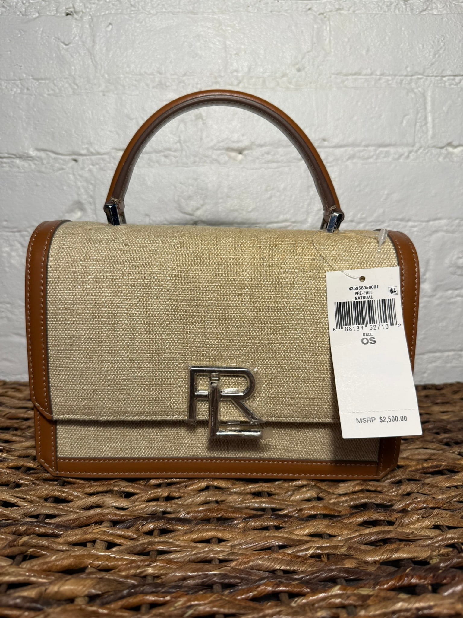 Ralph Lauren Collection Stacked RL Top Handle Bag: Ralph Lauren Collection Stacked RL Top Handle Bag Cognac leather and natural linen construction. Includes detachable/adjustable crossbody strap & dust bag. Lined in cognac leather. External back pocke