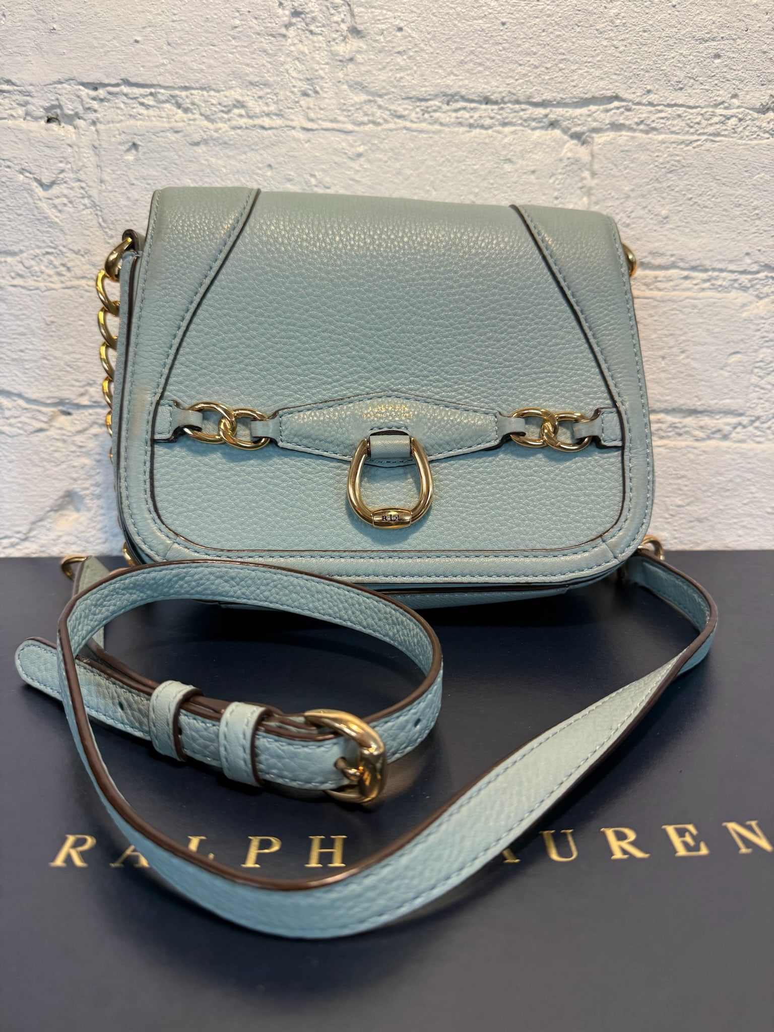 Lauren Ralph Lauren Small Crossbody Bag: Lauren Ralph Lauren Small Crossbody Bag Soft calfskin leather bag with adjustable crossbody strap and gold hardware. Has interior and exterior pockets. Lightly used with some wear imperfections shown