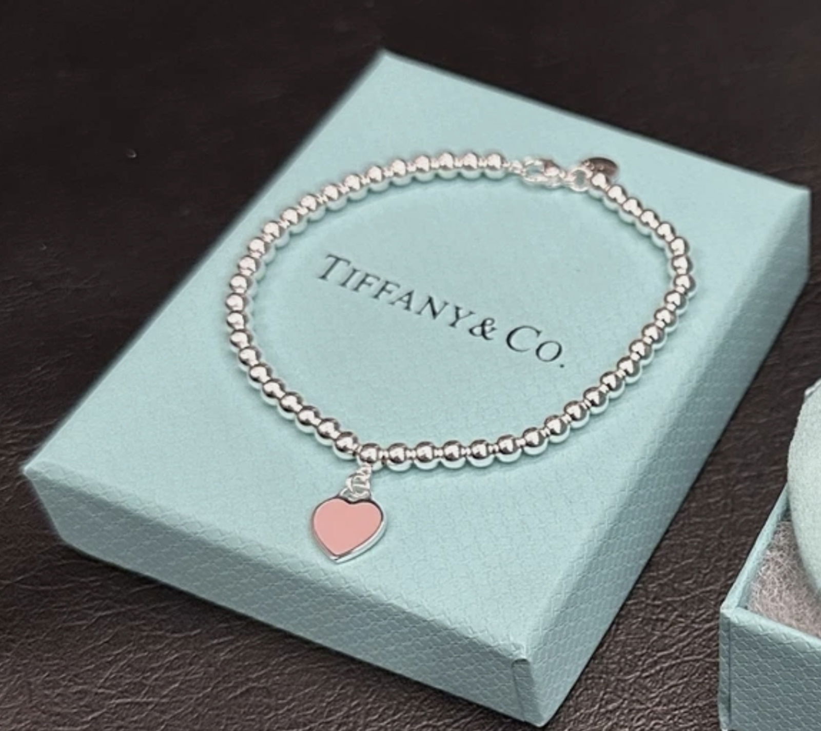 Tiffany & Co Sterling Silver Beaded Pink Heart Bracelet With Box (1 of 4)