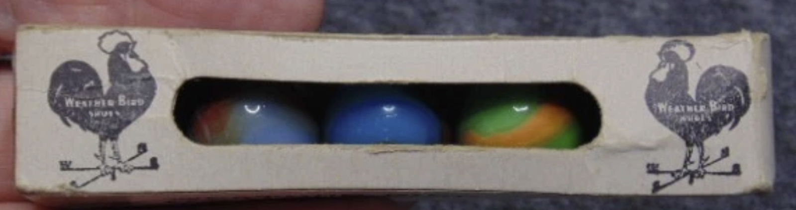 Akro Agate GLass Marbles Weather Bird Shoes Advertising Sleeve Box with Marbles Inside (1 of 3)