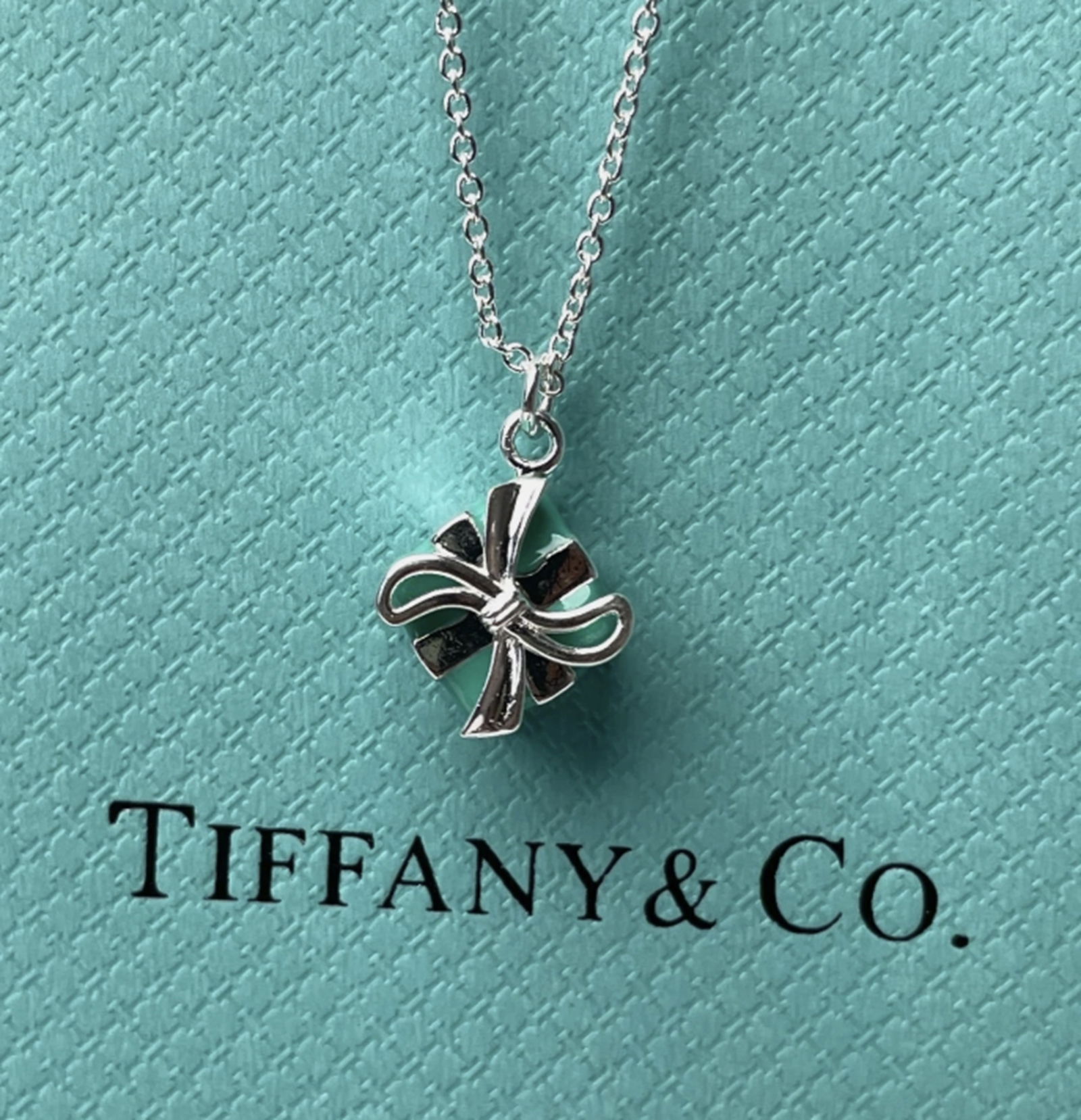 Tiffany & Co Sterling Silver Blue Enamel and Sterling Gift Box Pendant Necklace and Chain: Tiffany & Co Sterling Silver Blue Enamel and Sterling Gift Box Pendant Necklace and Chain