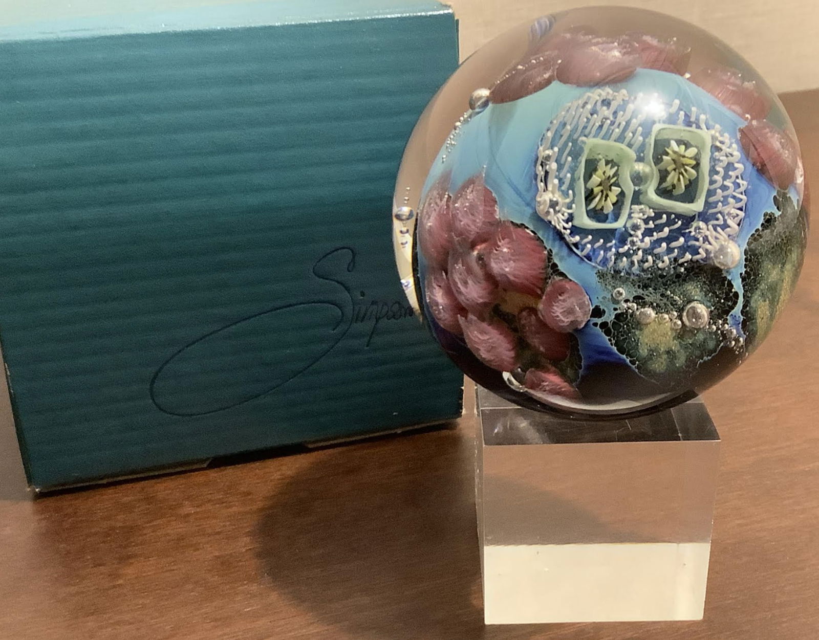 Josh Simpson Signed Inhabited Planet Marble Art Glass Paperweight With Box (1 of 7)
