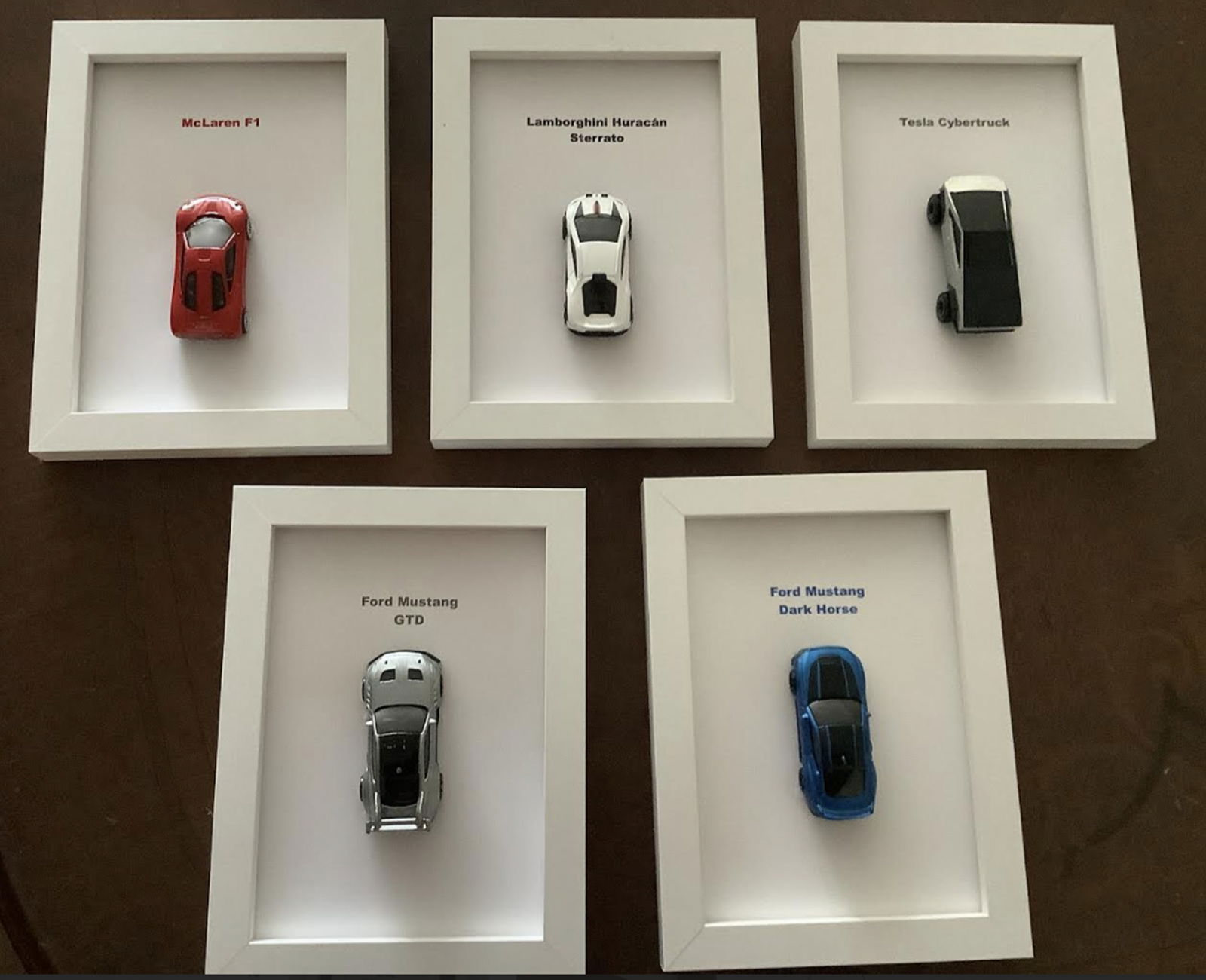 Hot Wheels Vehicles Framed Car Decor Collectible Cars Set of 5, Ford Mustang Dark Horse, McLaren F1,: Framed Car Decor Collectible Vehicles Set of 5 Hot Wheels. Includes Ford Mustang Dark Horse, McLaren F1, Ford Mustang GTD, Lamborghini Huracán Sterrato, Tesla Cybertruck . Frame dimensions: 15 × 20
