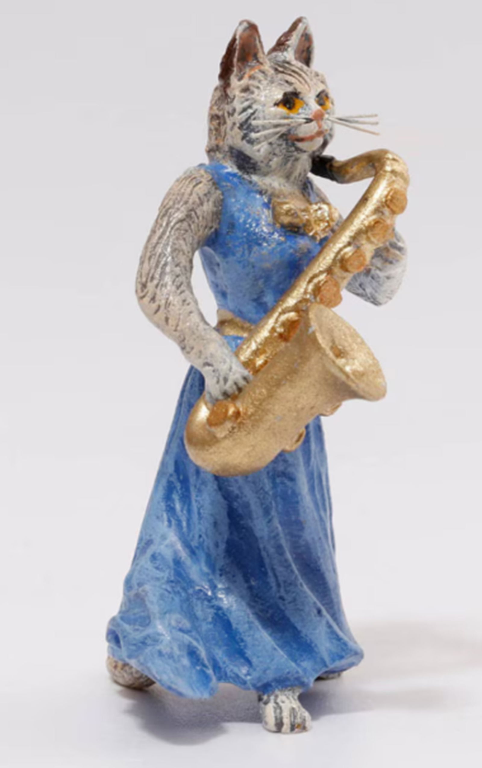 Fritz Bermann Austrian Vienna Bronze Cat lady Saxophone: Fritz Bermann Austrian Vienna Bronze Cat lady Saxophone. The sculpture is cold painted with a lot of detail down to the whiskers. It measures 2 inches tall