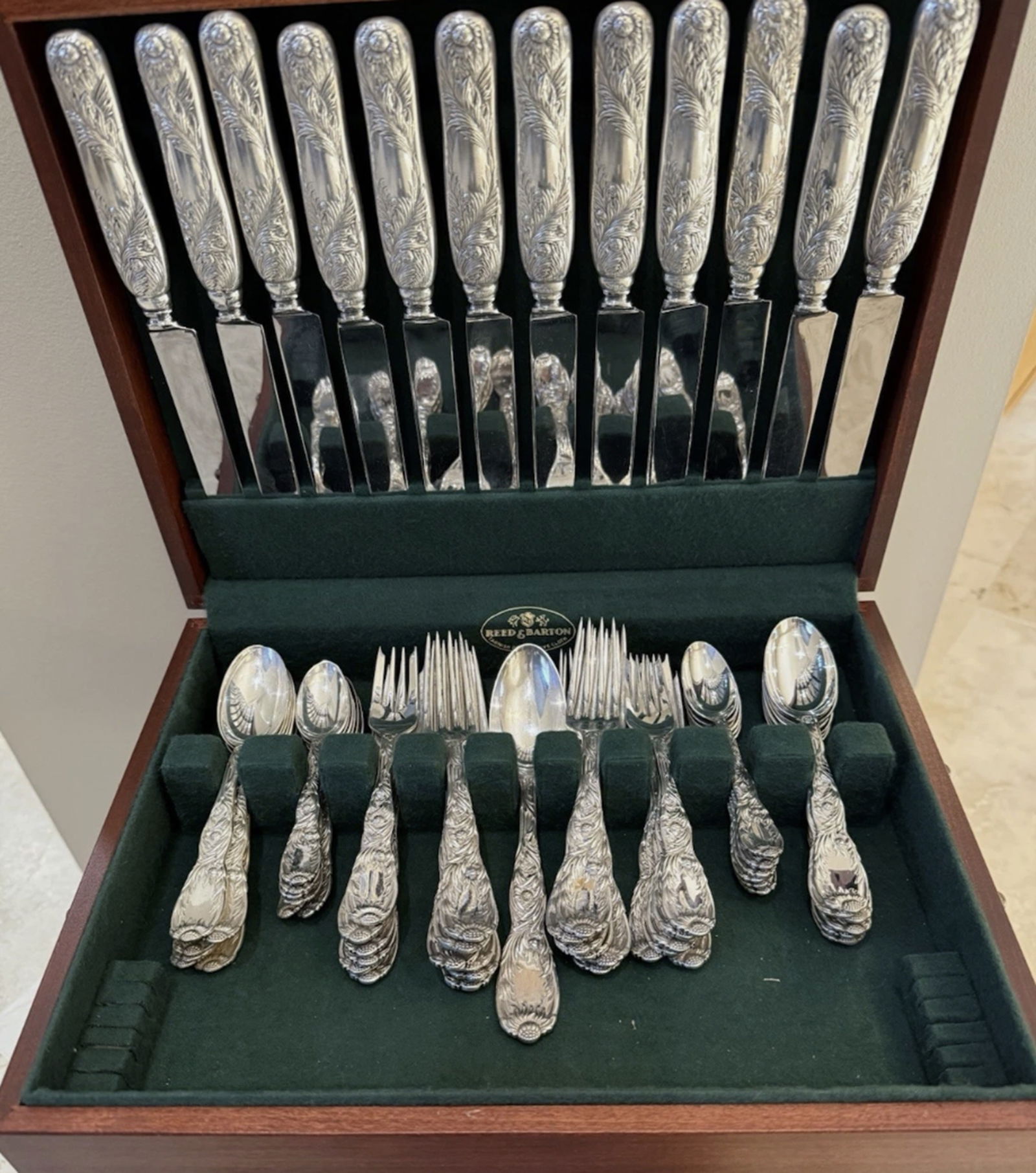 Tiffany & Co Sterling Silver Chrysanthemum Sterling Flatware Service Set For 12: Tiffany & Co Sterling Silver Chrysanthemum Sterling Flatware Service Set For 12. Excellent condition...rare find...no monogram...never buffed...very crisp61 pieces...about 105 troy oz plus 12 hollow h