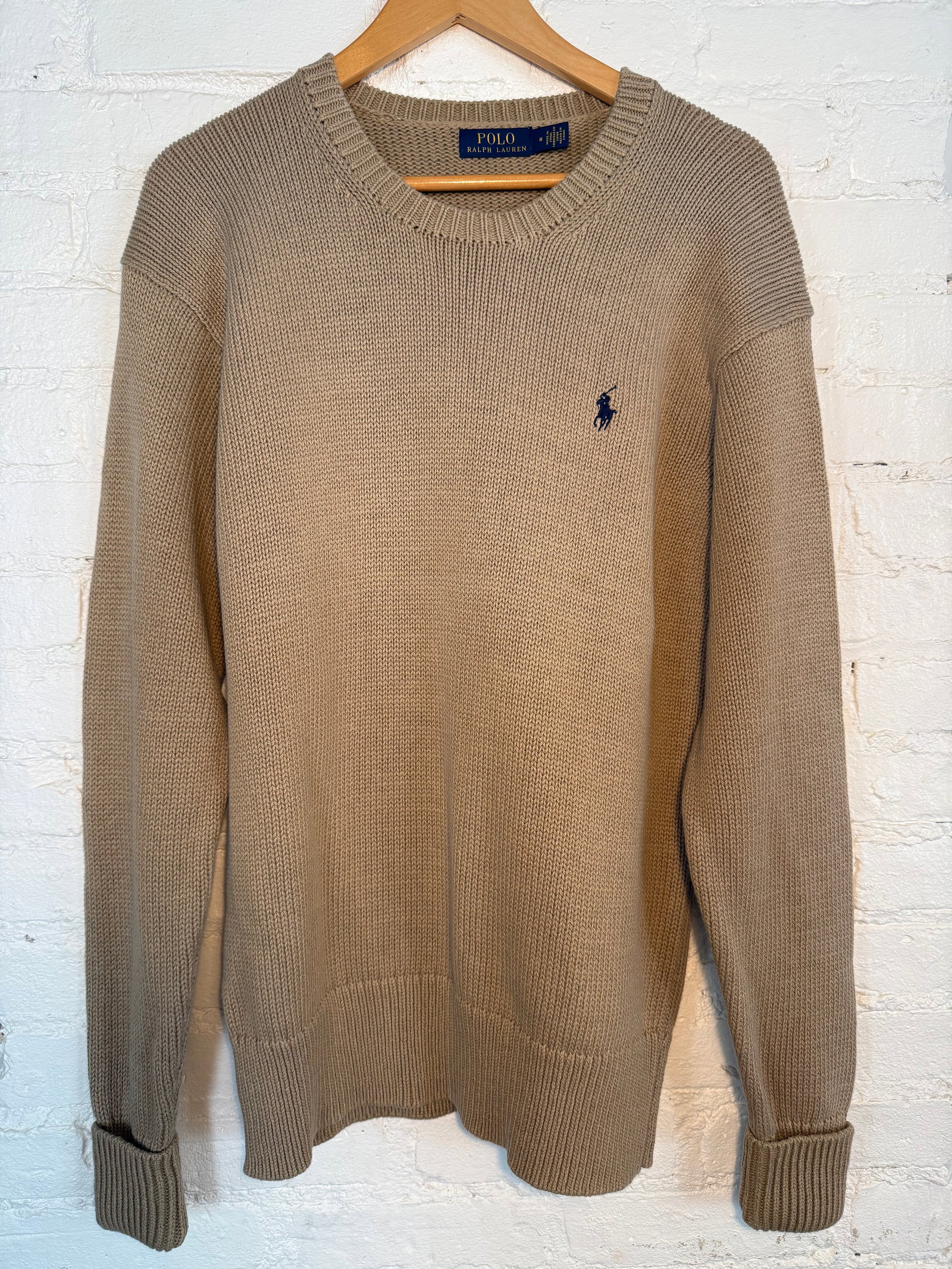 Polo Ralph Lauren Mens Sweater: Polo Ralph Lauren Mens Sweater Heavyweight soft silky yarn sweater. Blue polo player. Size Medium, never worn without tags Tan Measures approx.center back to hem 29.5 inches armpit to armpit 21.25 inc