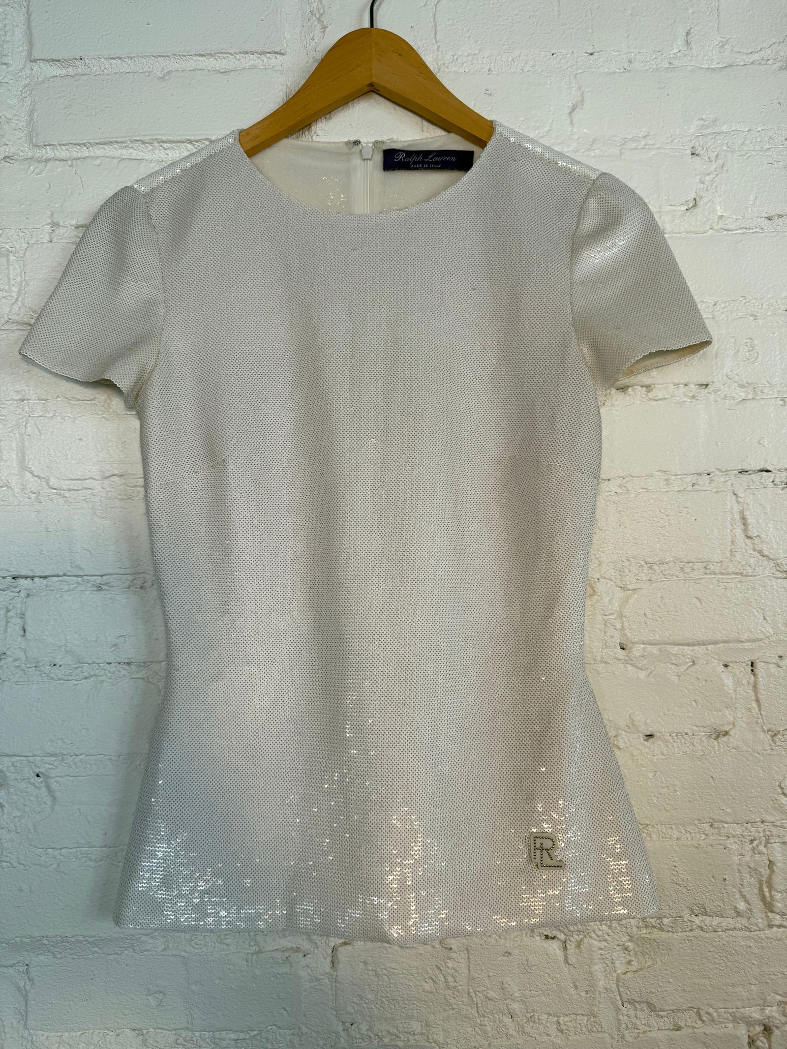 Collection Ralph Lauren Beaded Shirt: Collection Ralph Lauren Beaded Shirt Shiny white sequin tailored top. Lightly worn, great condition. Size 2 White Measures approx.center front hem to collar 21 inches. Under arm 15 inches to hem waist