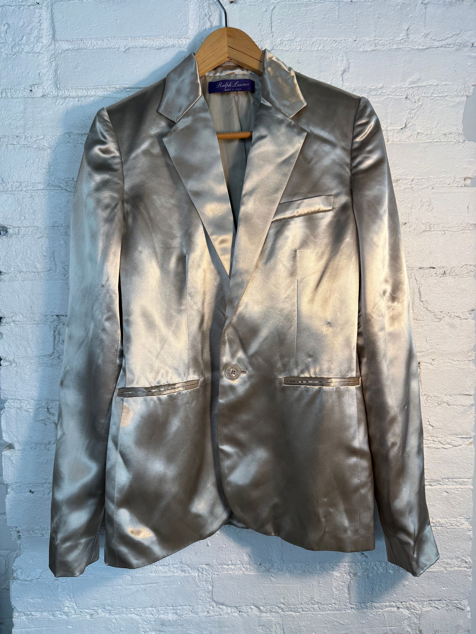 Ralph Lauren Collection Blazer: Ralph Lauren Collection Blazer Light gold satin blazer with matching pant available. Hand tailored in Italy, worn with like new condition. Size 2 Light gold Measures approx.sleeve length 26 inches Sho