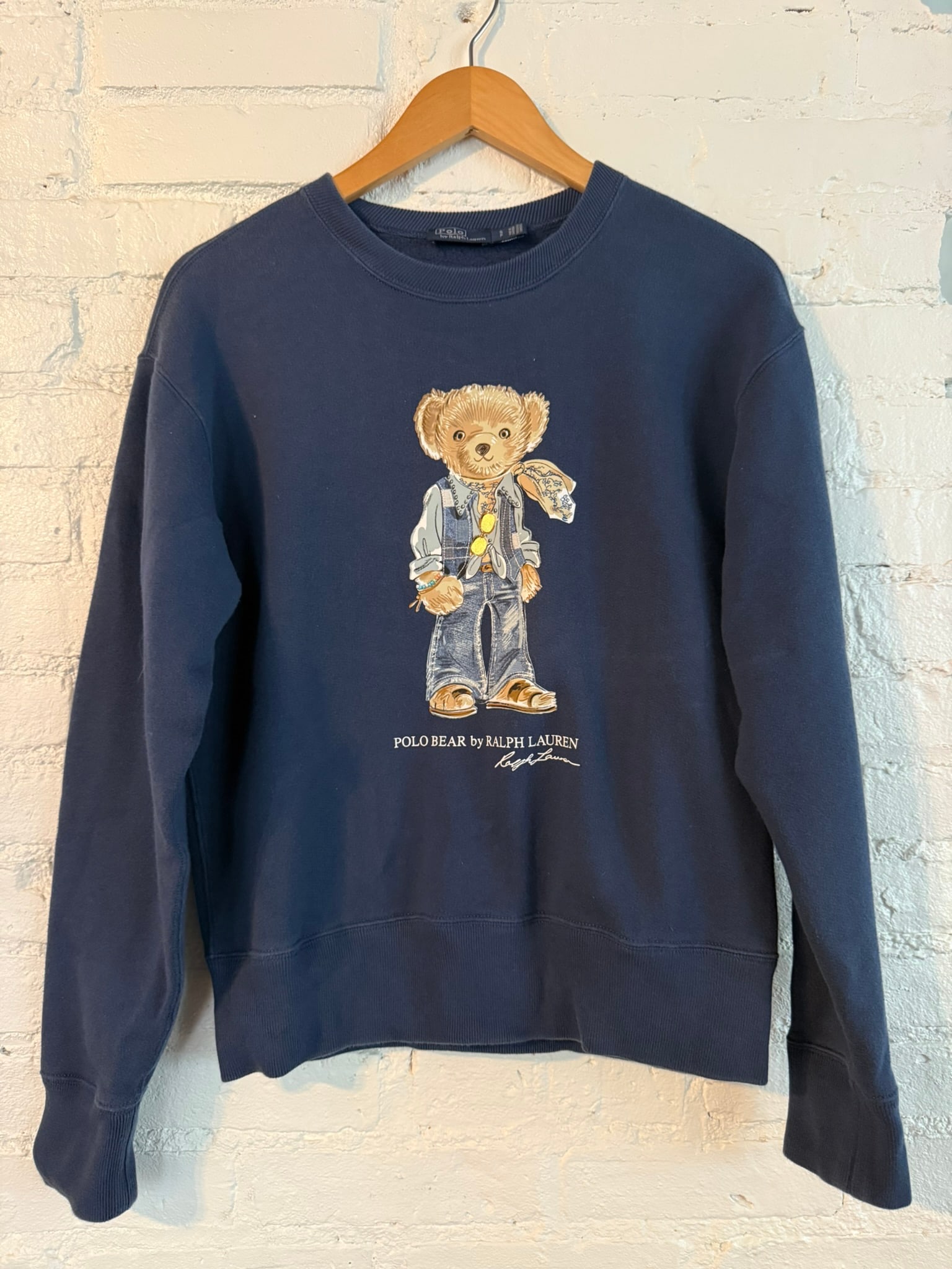 Polo Ralph Lauren Bear Sweatshirt: Polo Ralph Lauren Bear Sweatshirt Women's printed denim polo bear sweatshirt. Lightly worn, like new. Size small Measures approx.22.75" sleeve length 22.75" back length 19.5" across back (armpit to ar