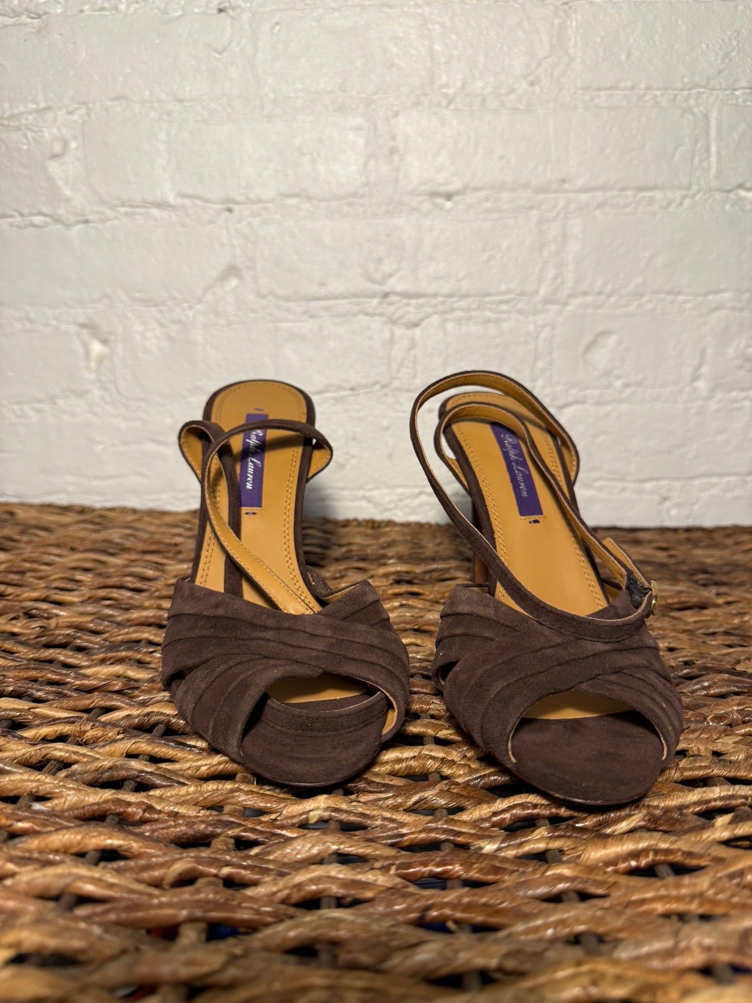 Ralph Lauren Collection Suede Heel: Ralph Lauren Collection Suede Heel Pleated brown suede heel with ankle strap. Never used. Fabric shows minor color variations from natural suede Measures approx.Size 37