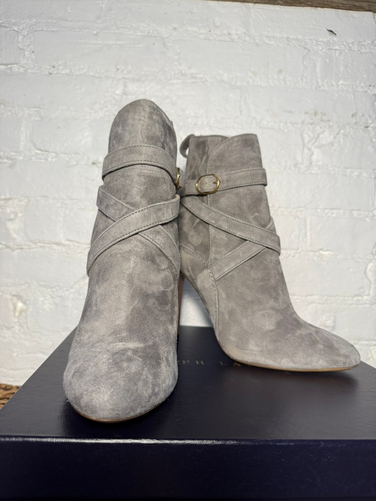 Ralph Lauren Collection Suede Heeled Boot: Ralph Lauren Collection Suede Heeled Boot Size 39 B Grey suede heeled boot. New, unused. Supple soft suede is lined in a thicker leather for stability. Comes in box with dust bag. Box is a little crus
