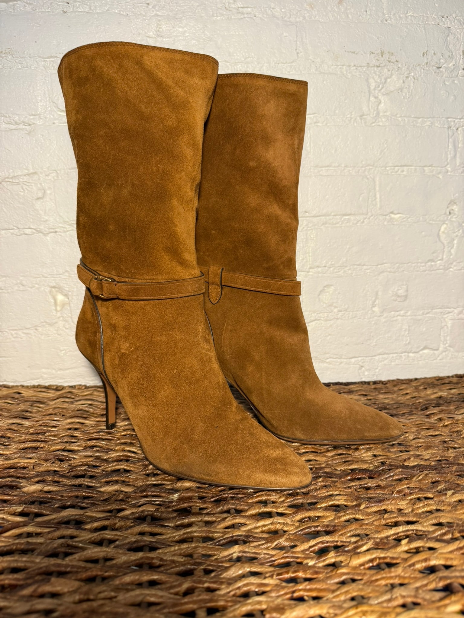 Polo Ralph Lauren Heeled Boot: Polo Ralph Lauren Heeled Boot Size 39 B cognac suede heeled boot. Boots have a lightweight construction. Lightly used with some minor scuffs in suede shown in photos. Measures approx.4" heel