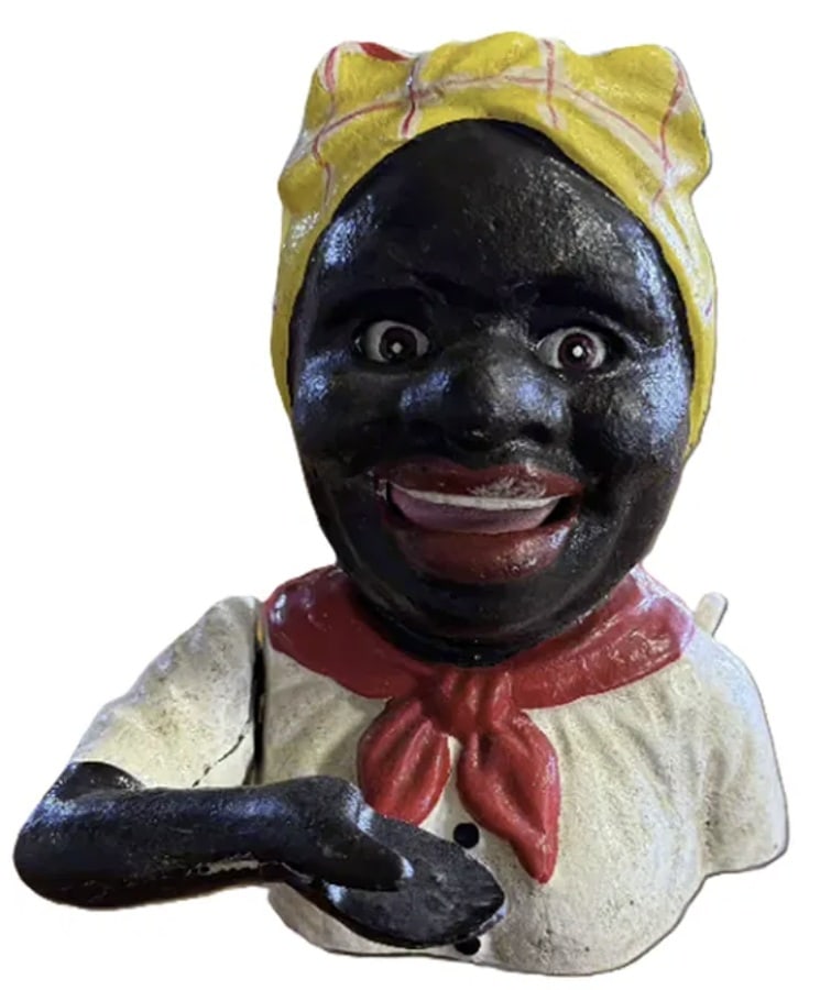 Black Americana Cast Iron John Harper & Co England Bank Maid: Black Americana Cast Iron John Harper & Co England Bank Maid Bank Maid Repro Collection of 1930 Measures approx Height(Inches):7 Length(Inches):6 Width(Inches):6