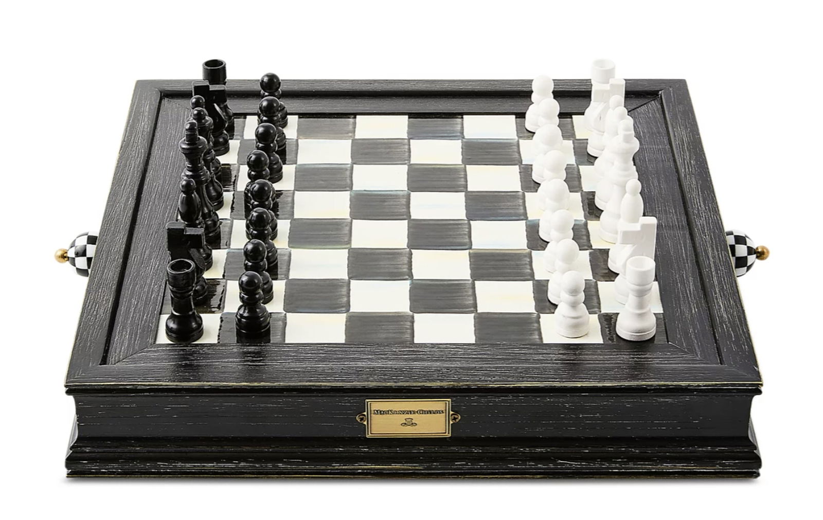 Mackenzie-Childs Courtly Check Chess Set: Mackenzie-Childs Courtly Check Chess Set Dimensions of Case: 12" square x 14.5"W with knobs x 2"HHand-painted enamel in a wooden base with check knobs and brass accents