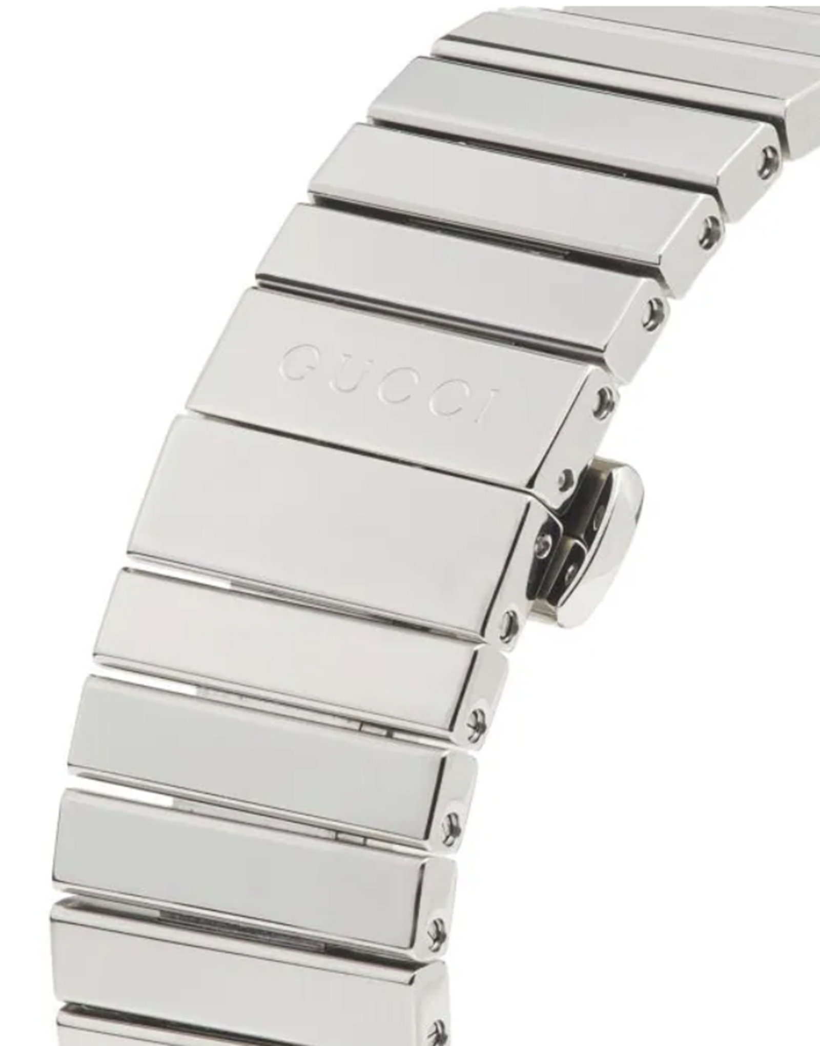 Gucci Horsebit Stainless Steel Watch With Diamonds on Dial and Orig box: GUCCI Horsebit Collection. This Gucci 34mm stainless steel bracelet watch is accented with 0.023 TCW diamonds for subtle sparkle. It combines elegant craftsmanship with signature horsebit detailing fo