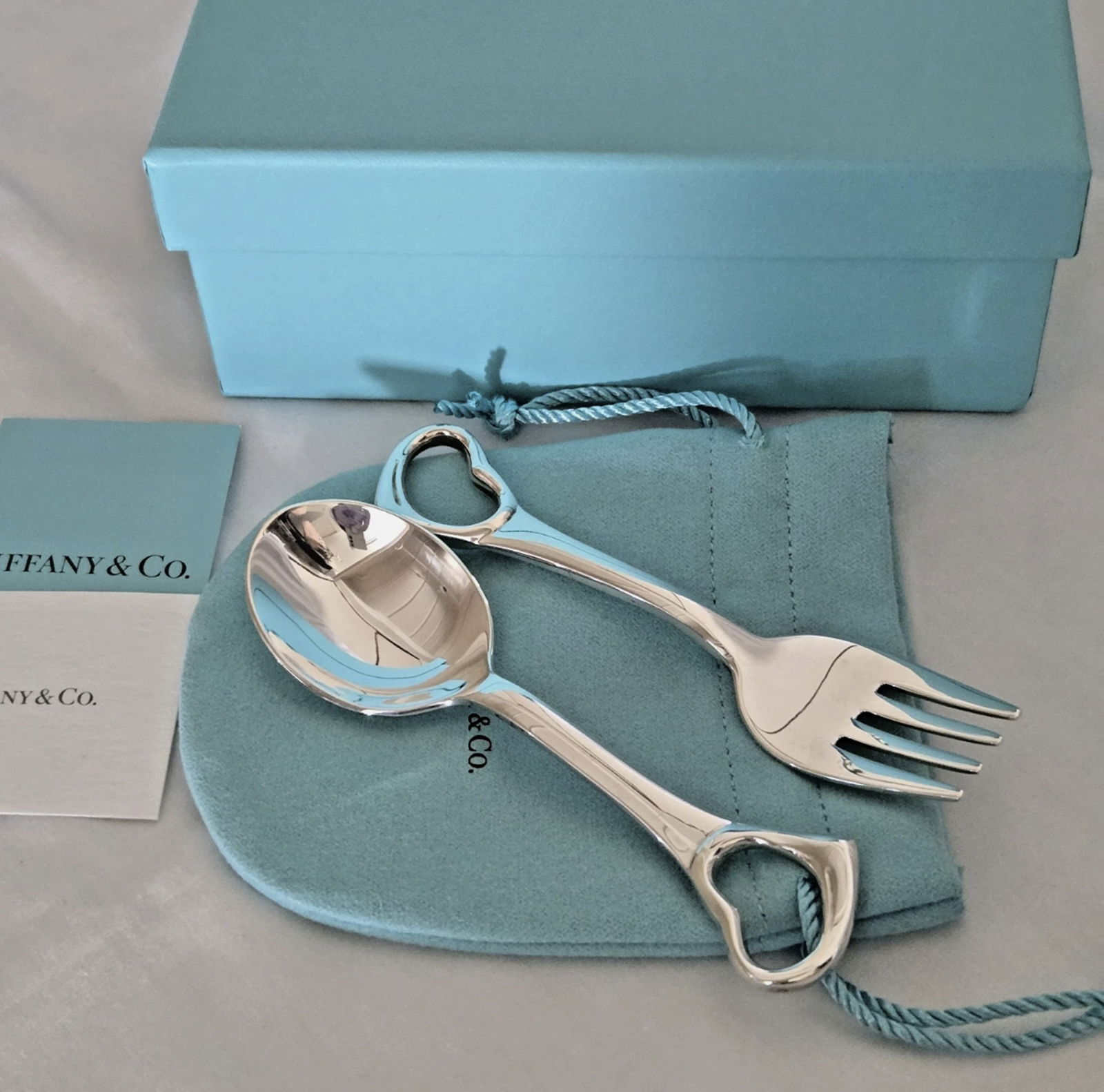 TIFFANY & CO Sterling Silver Elsa Peretti Fork and Spoon Flatware Set With Box: TIFFANY & CO Sterling Silver Elsa Peretti Fork and Spoon Flatware Set With Box. Measures approx 4 inches
