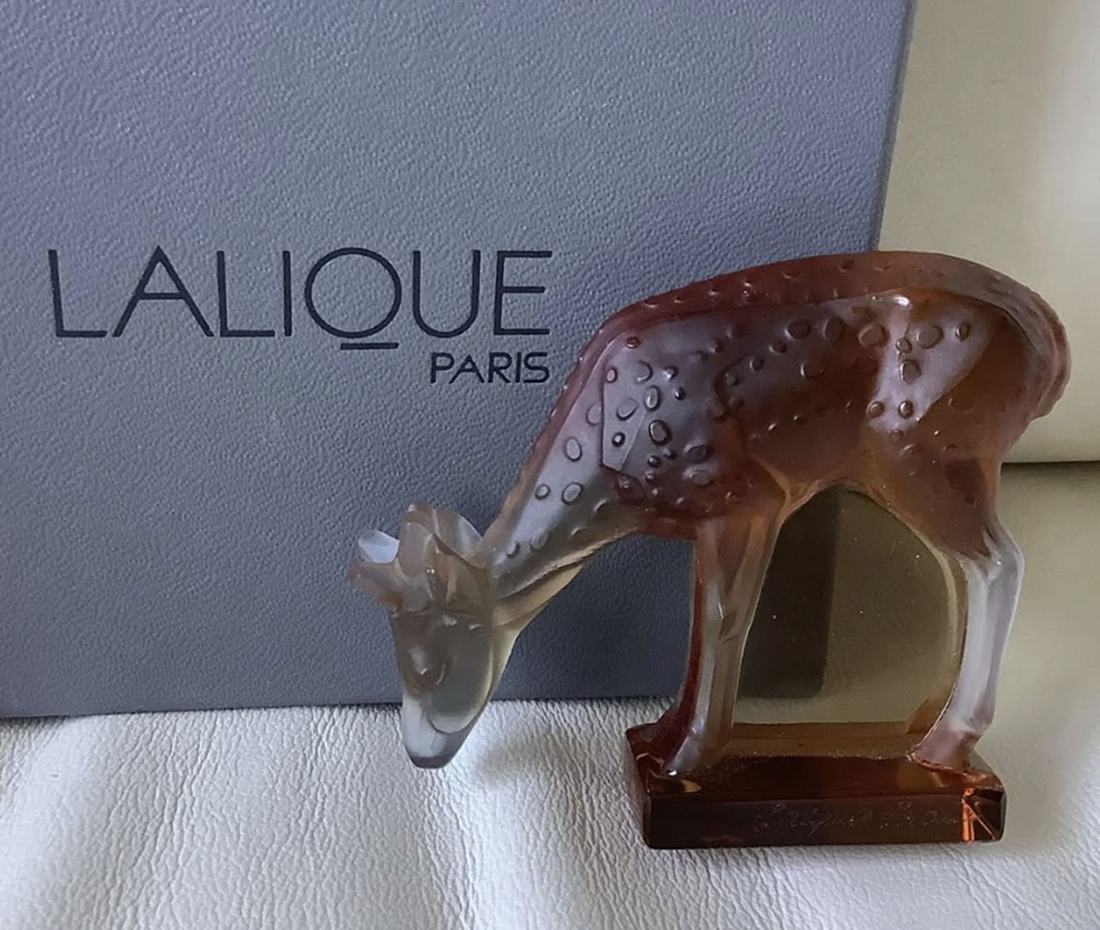 Lalique Signed Crystal Deer Made in France with Orig Box: Lalique Signed Crystal Deer Made in France Measures approx 3inches x 2.5 inches box for dispaly purpose