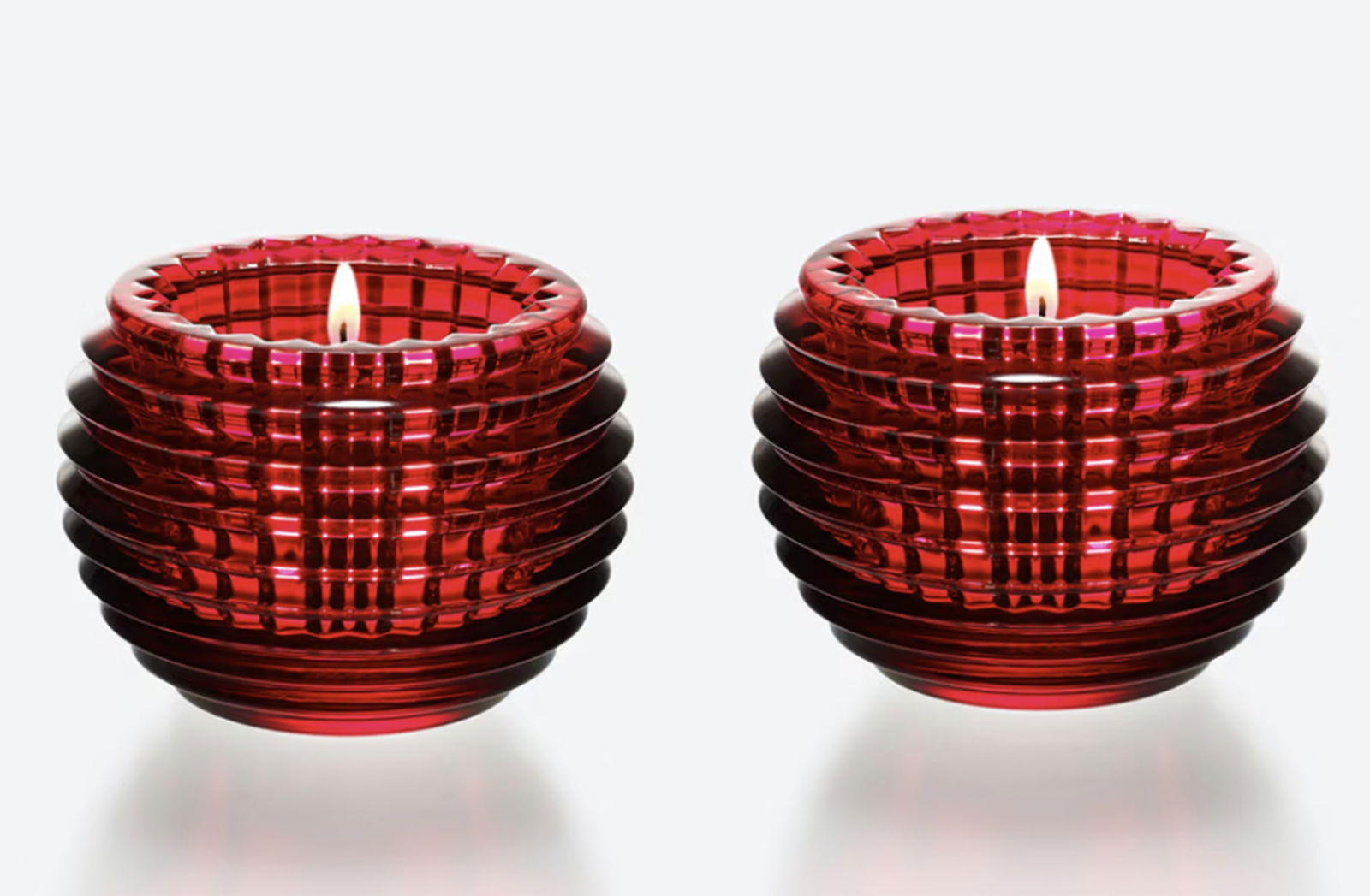 Baccarat Signed Crystal Red Eye Candle Votive Holder Set Of 2 In Orig Box Made in France: Baccarat Signed Crystal Red Eye Candle Votive Holder Set Of 2 In Orig Box Made in France. Measures approx height of 6.8cm and length and width of 9.5cm