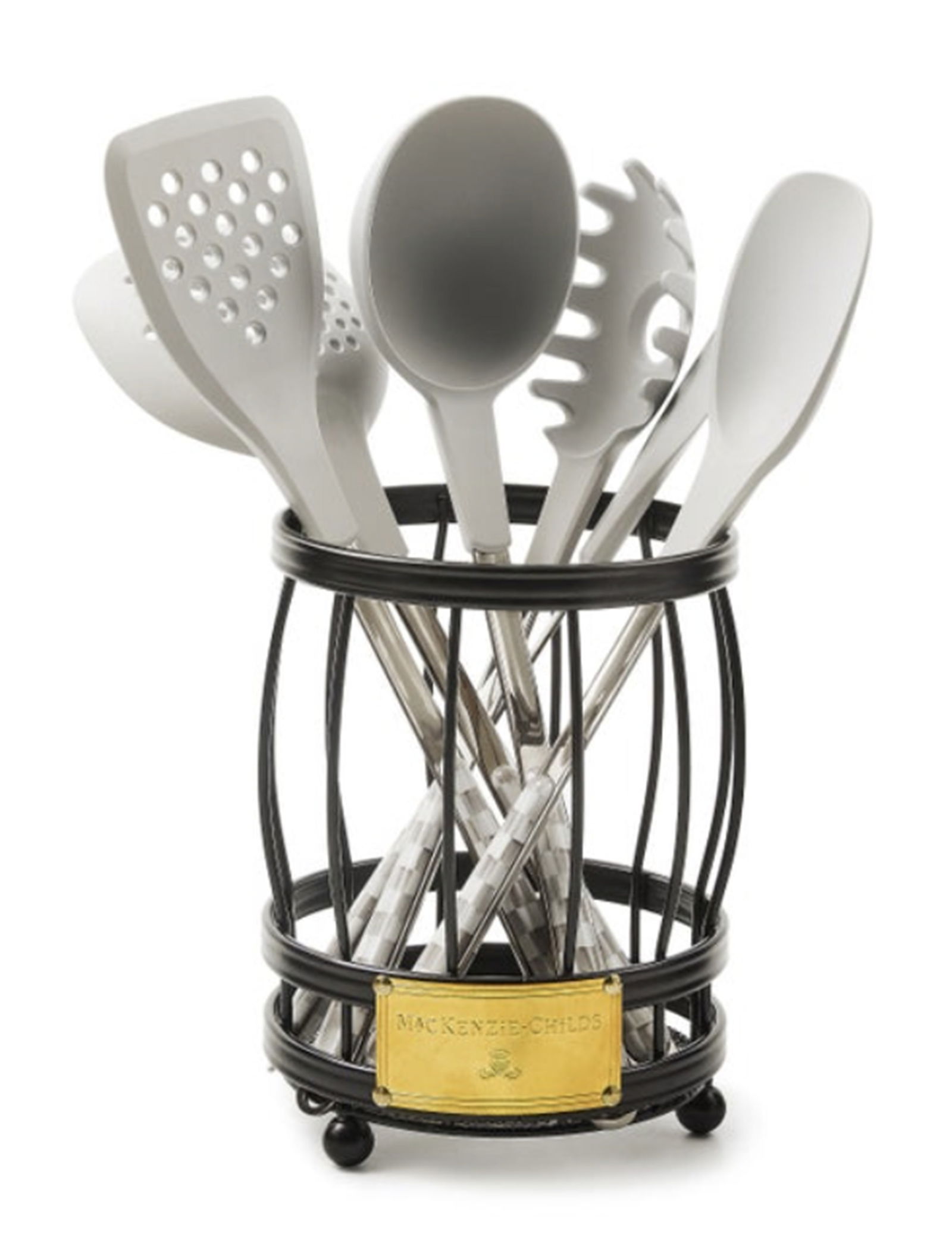 Mackenzie Childs Courtly Sterling Check Utensil Caddy Set: Mackenzie Childs Courtly Sterling Check Utensil Caddy Set. Set includes: 1 caddy (6" dia., 7" tall), 11.75" long spatula, 12" long spoon, 12.5" long slotted spatula, 12.5" long slotted turner, 12.25"