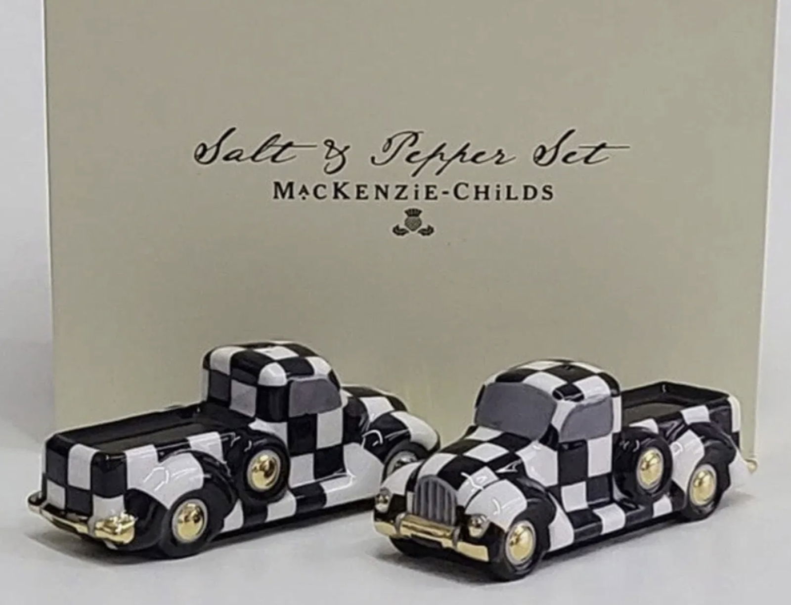 Mackenzie Childs Courtly Truck Salt And Pepper Shakers With Original Box: Mackenzie Childs Courtly Truck Salt And Pepper Shakers With Original Box Measures approx 1.75 inches accros New condition