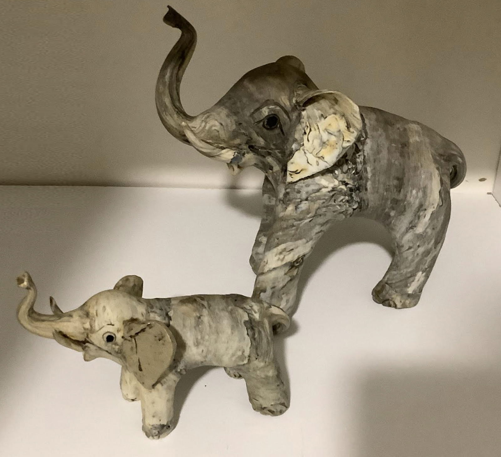 Pair of Crushed Oyster Shell Elephant Mom & Baby Sculptures Figurines: Pair of Crushed Oyster Shell Elephant Mom & Baby Sculptures Figurines. Measures approx Tall one 9 inches wide8 inches high 