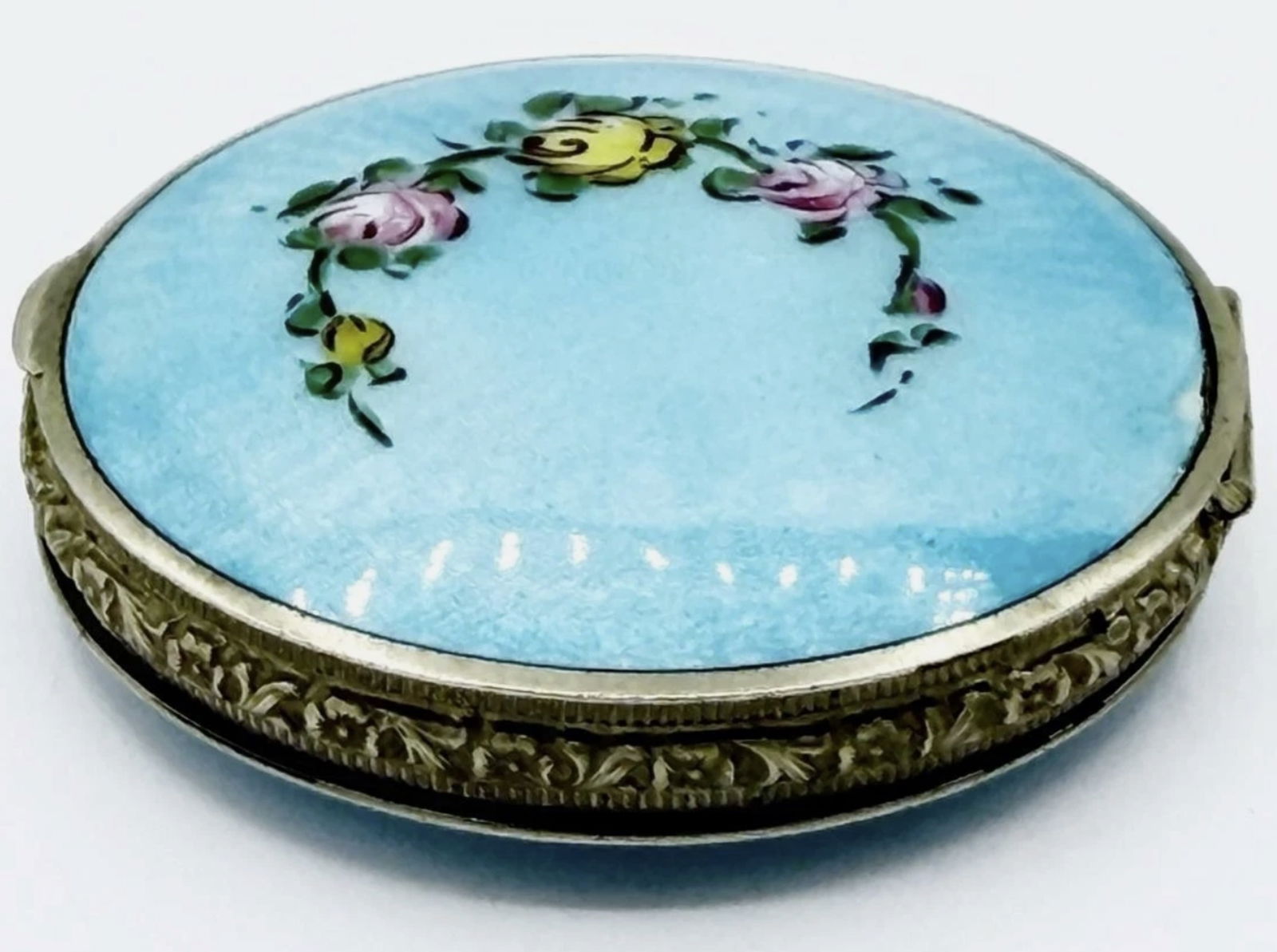 Sterling Silver Guilloche w/ Pink & Yellow Roses Enamel Case: Sterling Silver Guilloche w/ Pink & Yellow Roses Enamel Case measures approx - 1 3/4 inches