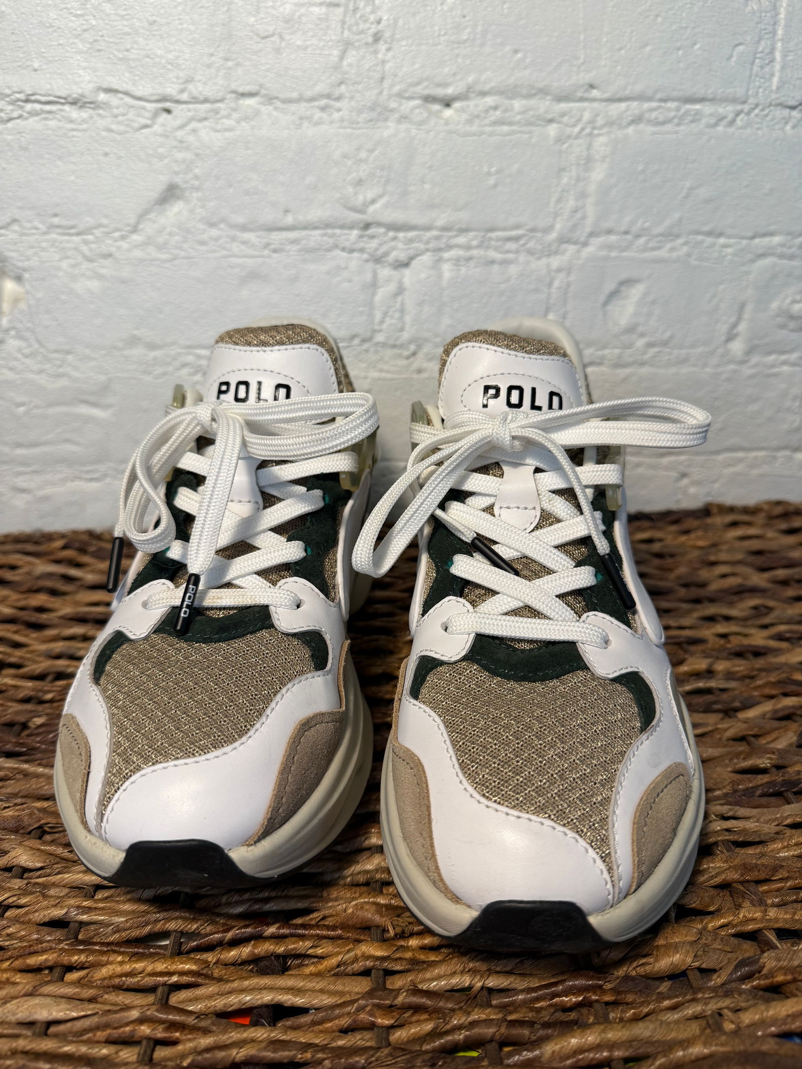 Polo Ralph Lauren Women's Sneakers: Polo Ralph Lauren Chunky sole, low top sneakers Size 7 Lightly used- like new Multi colored- Tan mesh, white leather, dark green leather, white sole