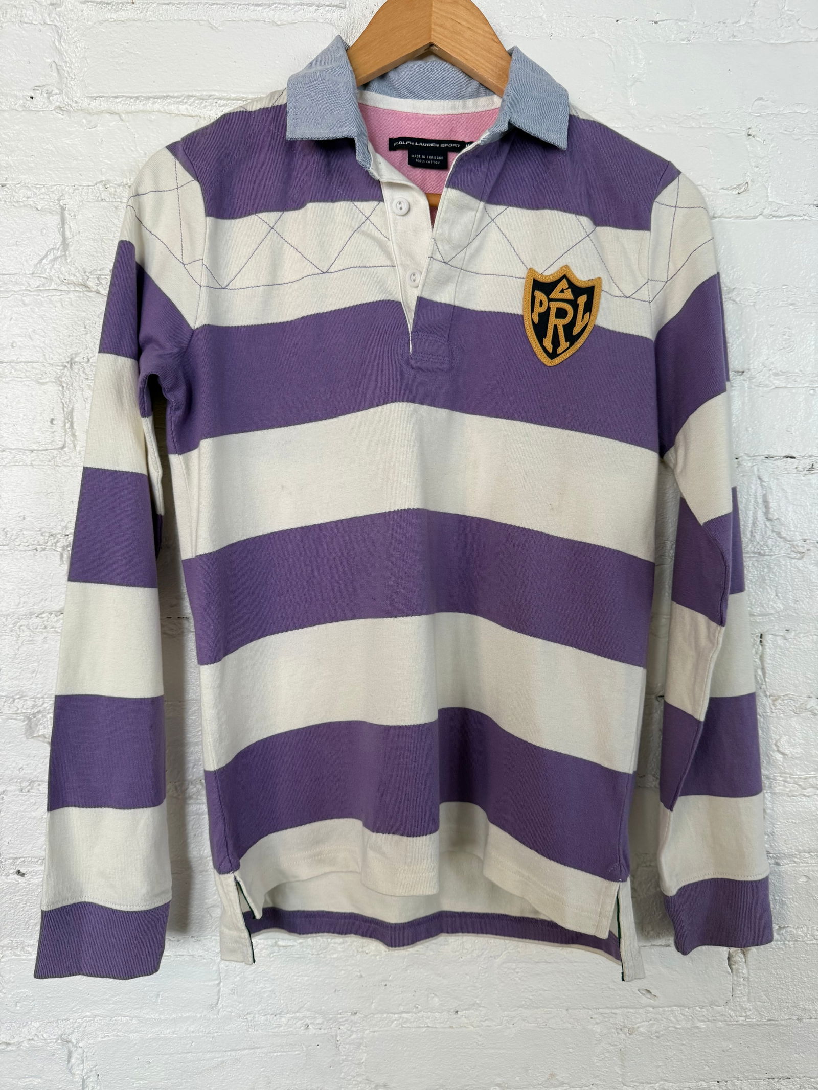 Women's Polo Ralph Lauren Purple Stripe Rugy Polo: Gold logo crest, extra button included, quilted shoulders, new never worn. Size Medium. Purple and white stripes Measures approx Shoulder front to hem 25 inches Shoulder back to hem 23.5 inches