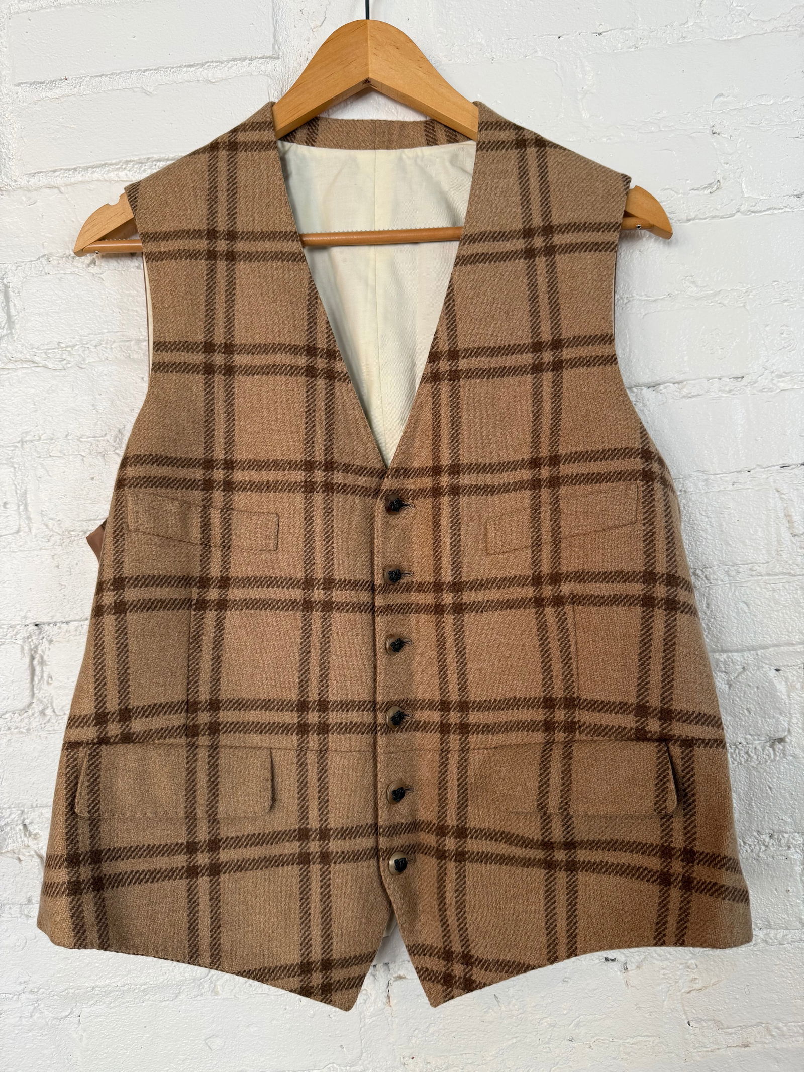 Men's Ralph Lauren Purple Label: hand-tailored vest with matching sportscoat available. New brown plaid Measures approx back hem to collar 20 inches across back armpit to armpit 20.5 inches