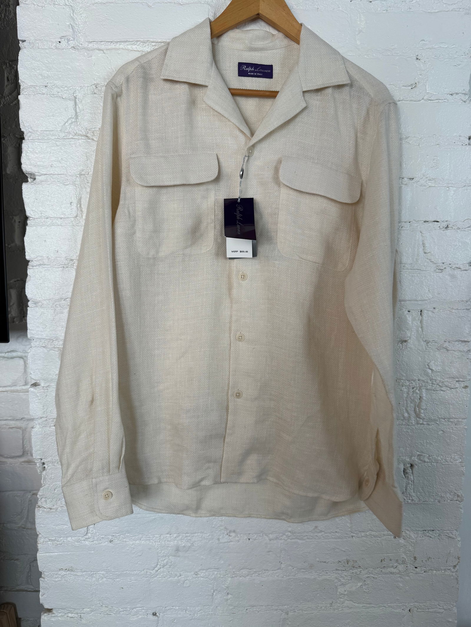 Men's Ralph Lauren Purple Label: 695 msrp cream textured linen shirt cream Measures approx sleeve length 27 inches front shoulder to hem 25.75 inches back shoulder to hem 29.5 inches