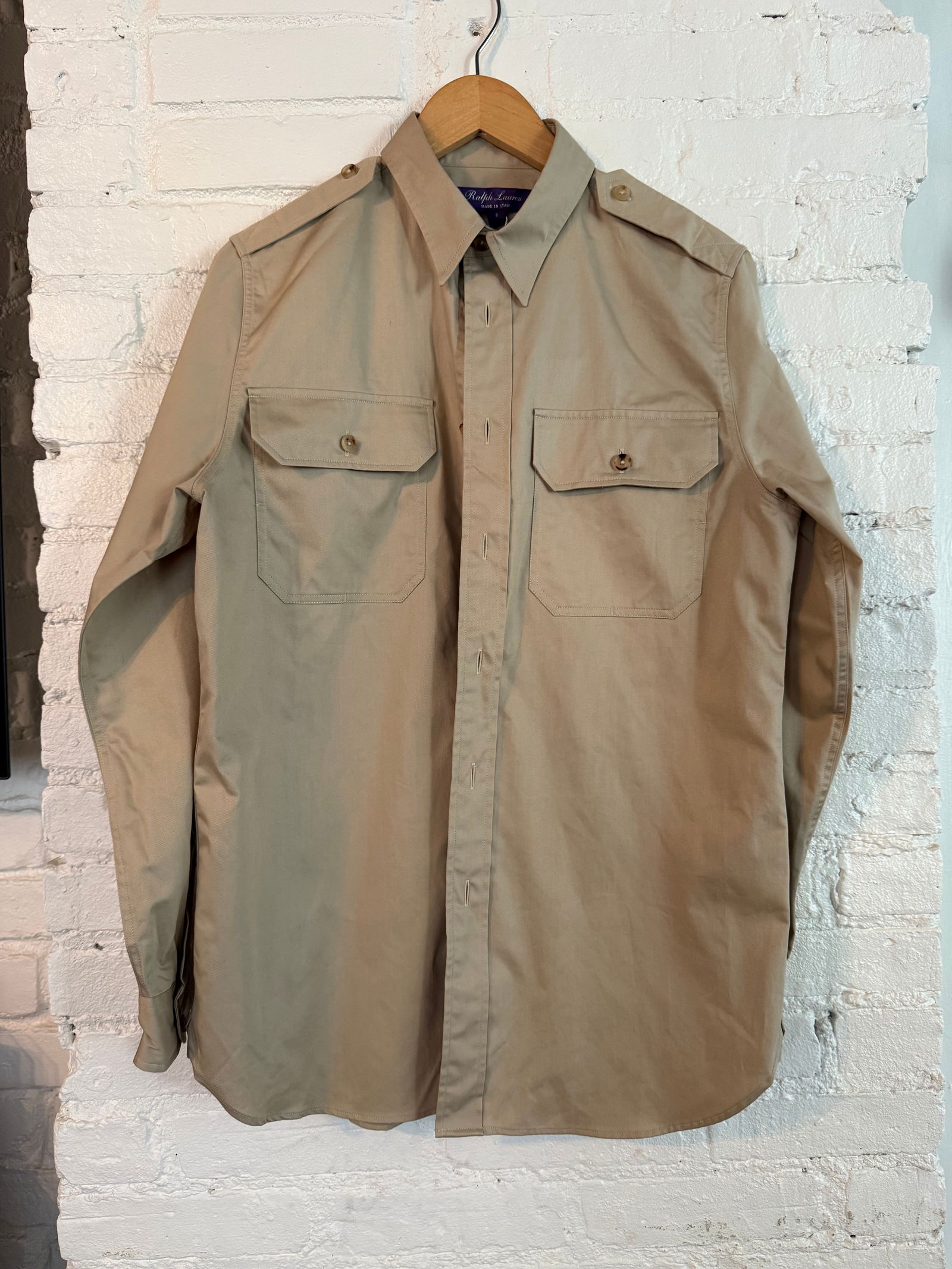 Women's Ralph Lauren Collection Button-up Top: new with tags heavyweight silk cotton button up shirt tan Measures approx sleeve length 24.75 inches hem to collar back 30.5 inches across back armpit to armpit 21 inches