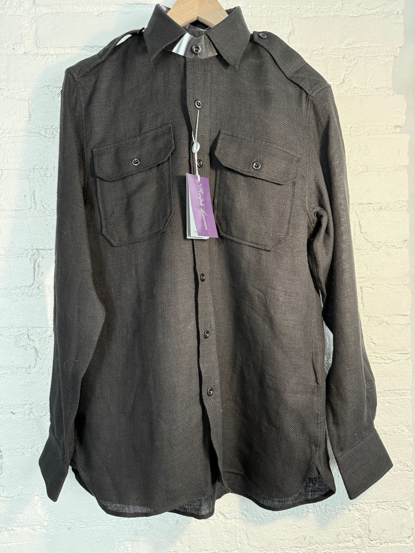 Ralph Lauren Purple Label Button-down top: Heavyweight textured linen hand tailored shirt. Size small. MSRP $495 Black Measures approx sleeve length 25.75 back collar to hem 32 inches Across chest armpit to armpit 20.5.