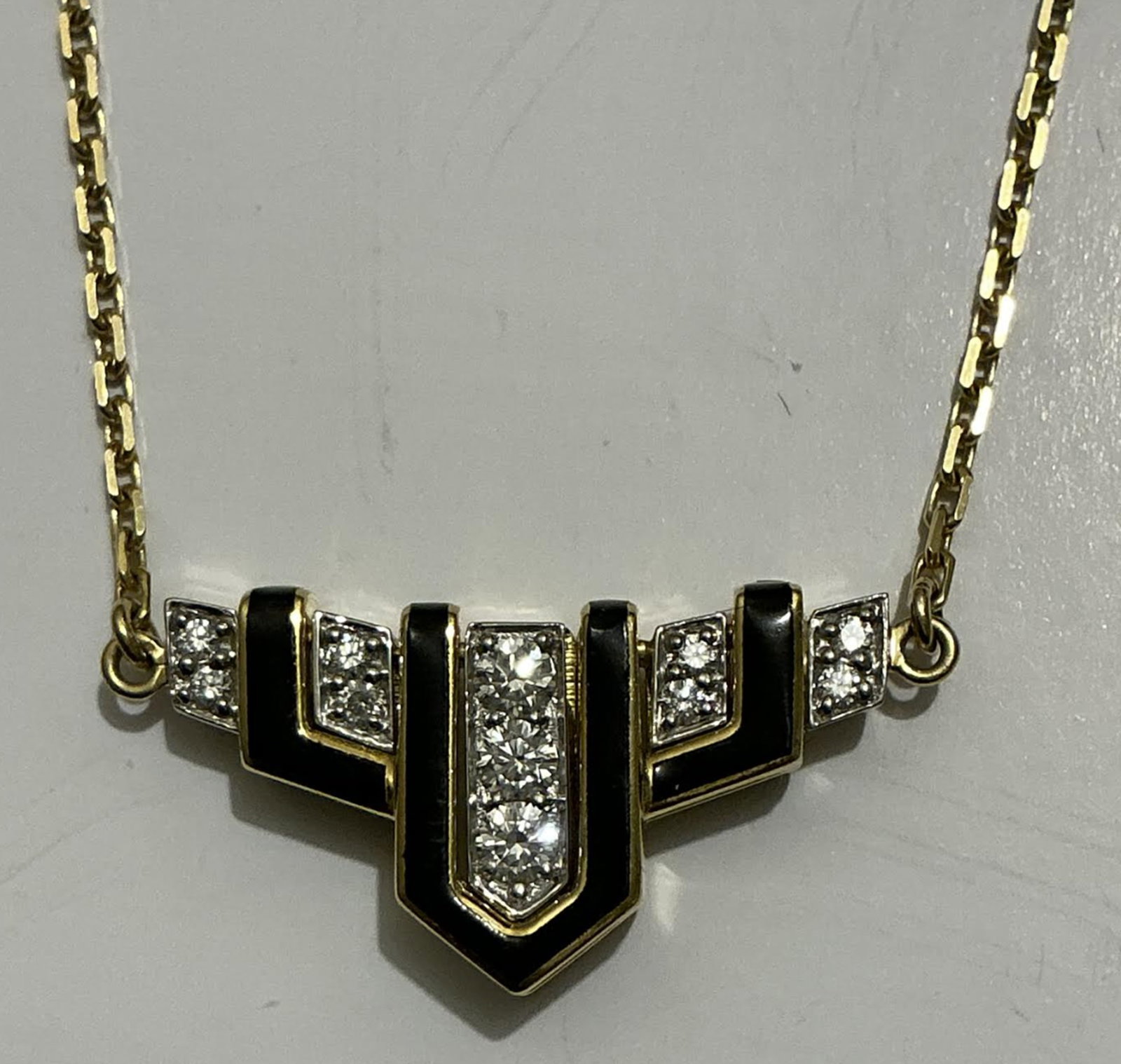 David Webb 18k Gold, Platinum and Diamond Enamel Pendant Necklace: David Webb 18k Gold, Platinum and Diamond Pendant Necklace. Length: approx 15.75"David Webb "Scape" pendant necklace from the Motif CollectionNecklace length; approx. 16"LIntegrated pendant; approx.