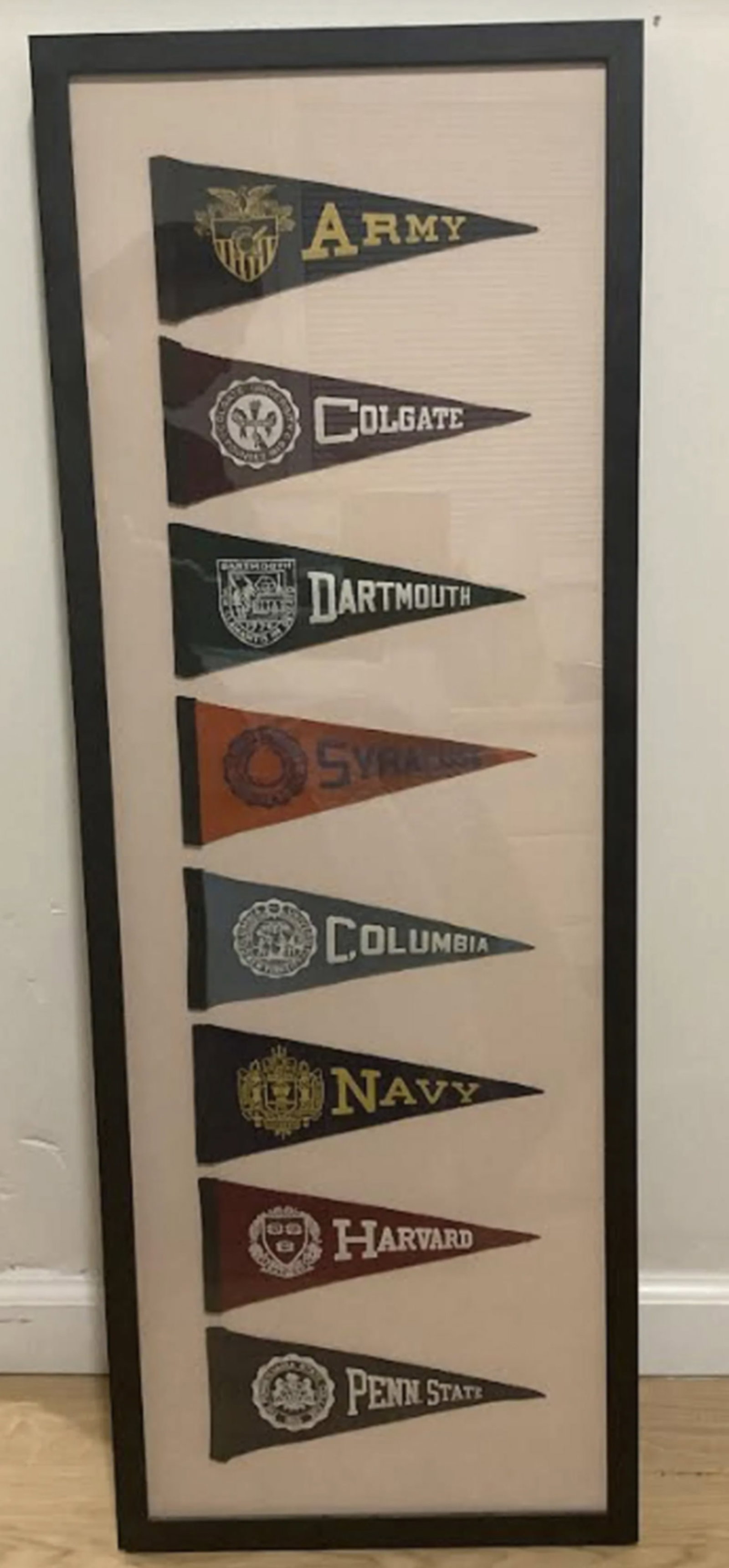 Framed College Pennets: Framed College Pennets. Frame Measures approx 38 3/4 inch tall x 14.25 inches wide
